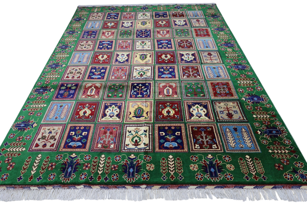 Afghan Bakhtiari Rug 7x9, Green, Red & Navy, Hand-Knotted Wool, view 2