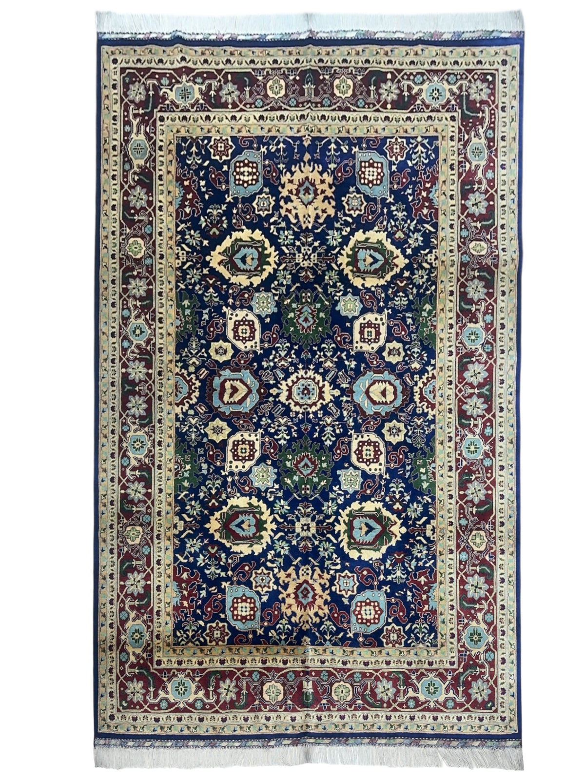 Afghan Rug 7x10, Navy, Burgundy & Beige, Hand-Knotted Wool