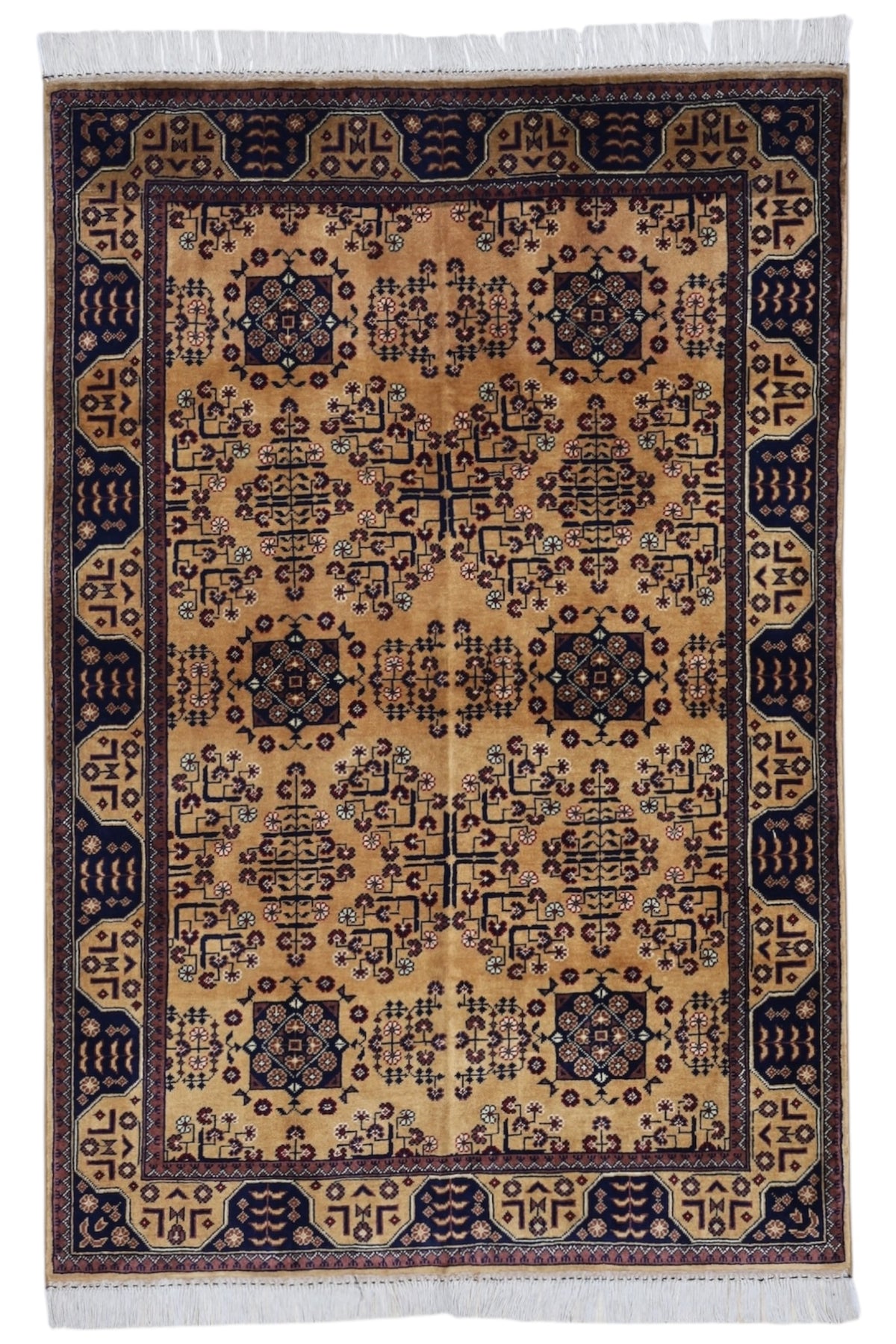 Afghan Bukhara Rug 4' x 5'11", Hand-Knotted Wool, Beige