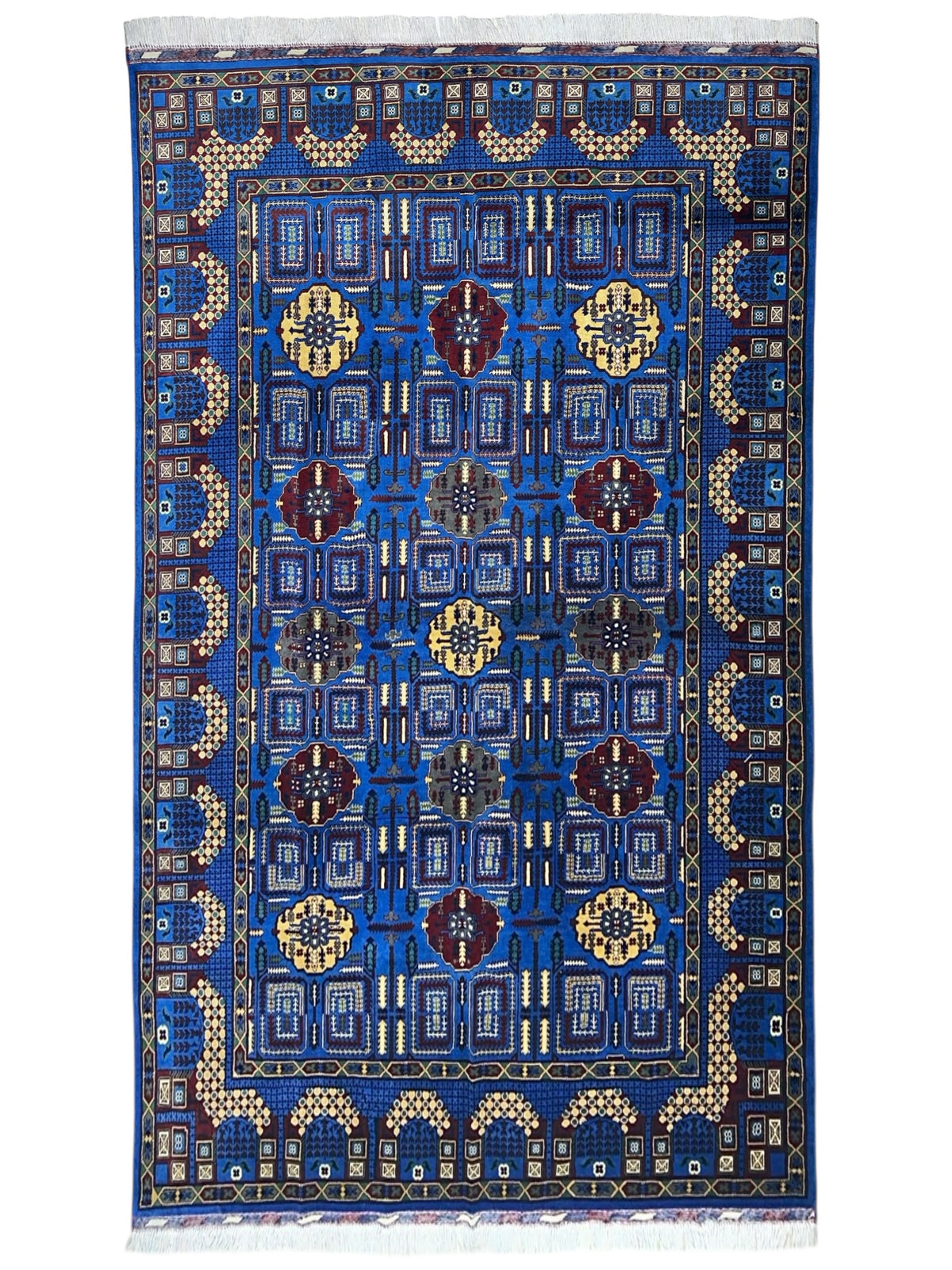 Afghan Gandom Rug 6'8" x 9'9", Hand-Knotted Wool, Blue, Cream & Red