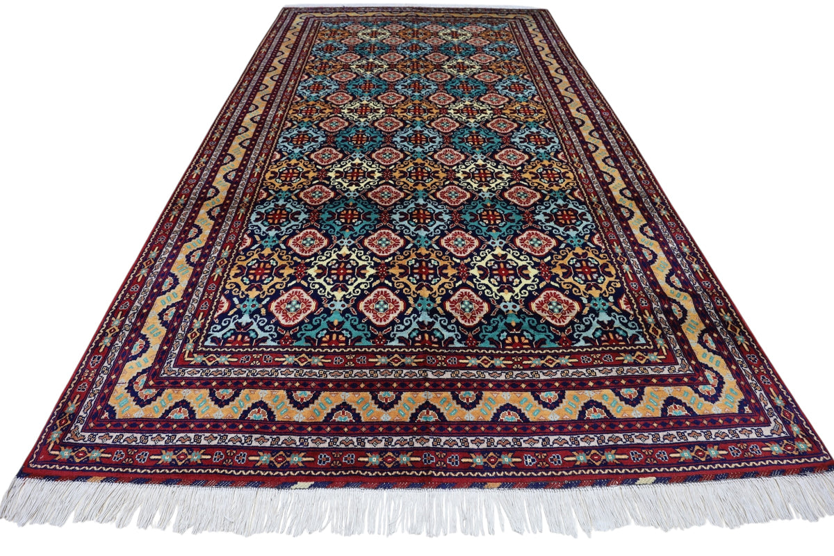 Afghan Rug 7x10, Red, Light Blue & Gold, Hand-Knotted Wool, view 2