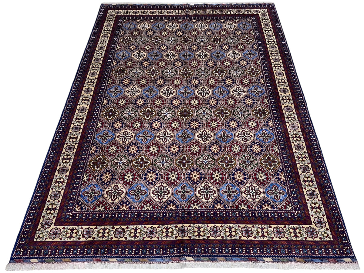 Afghan Rug 8x11, Navy, Red & Light Blue, Hand-Knotted Wool, view 2