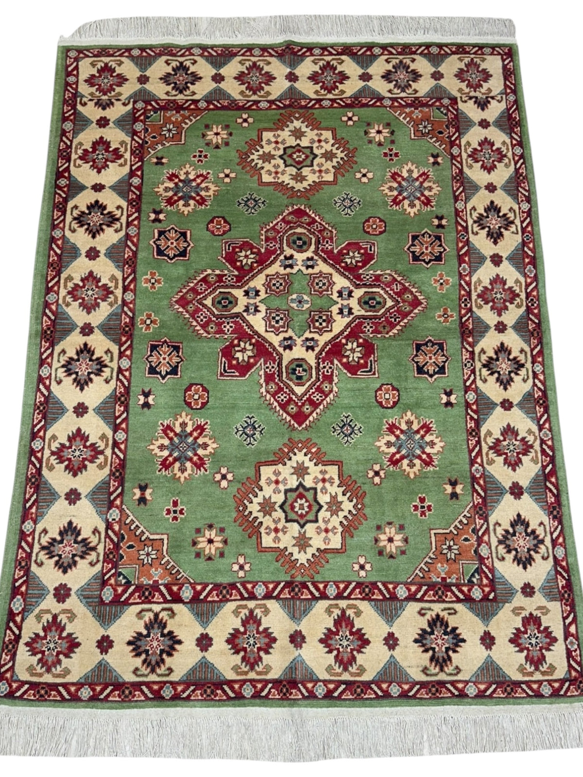 Afghan Mamluk Rug 4'11" x 6'9", Hand-Knotted Wool, Green, Cream & Red, view 2