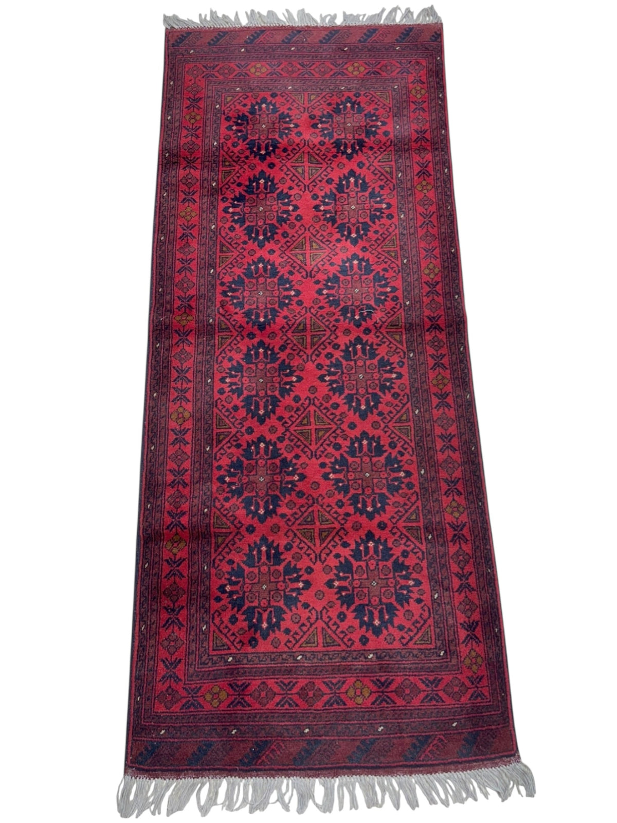 Afghan Andkhoy Runner 2'7" x 6'6", Hand-Knotted Wool, Red & Blue, view 2
