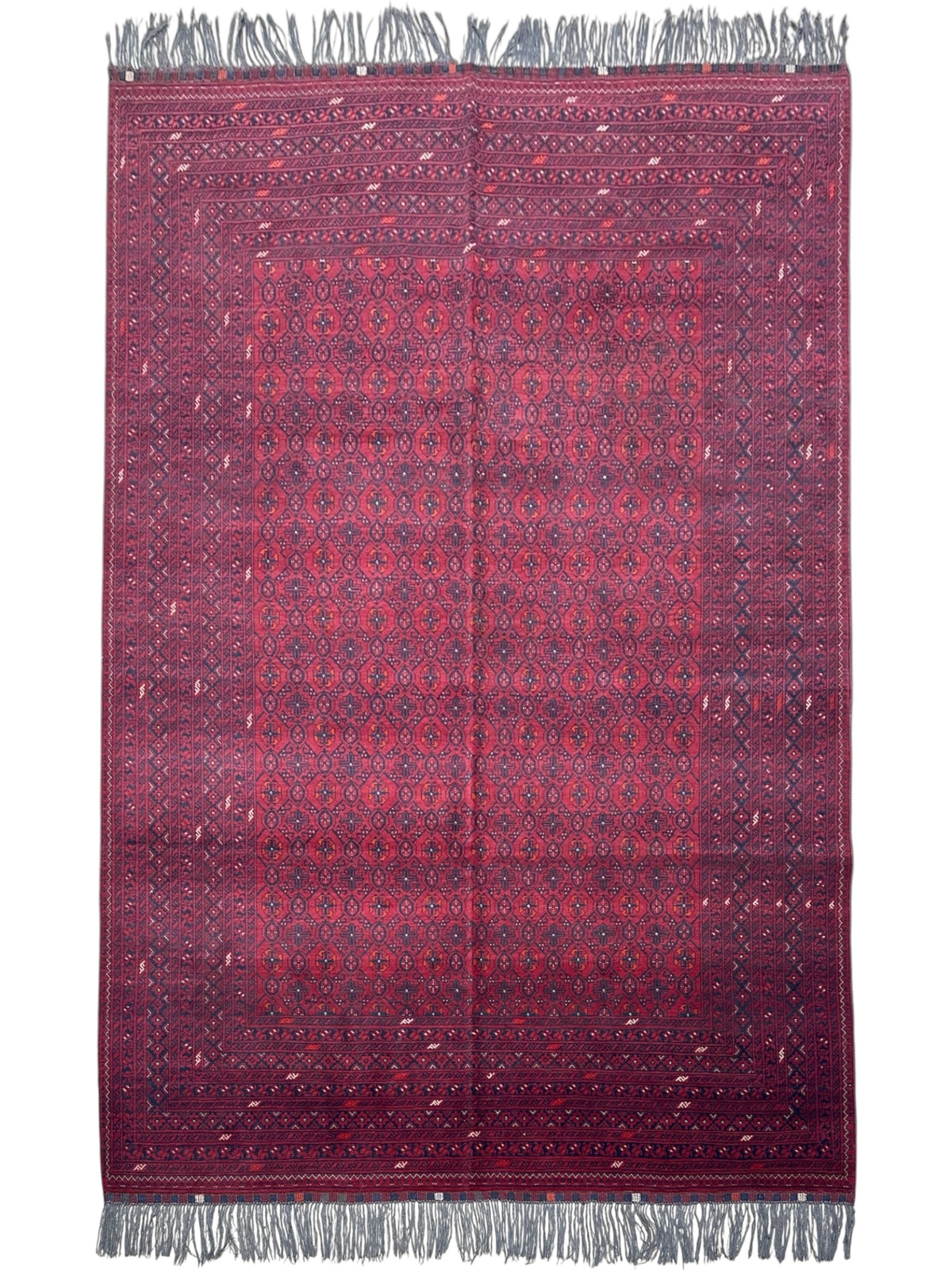 Afghan Beshir Tribal Rug 7x9, Burgundy, Red & Navy, Hand-Knotted Wool