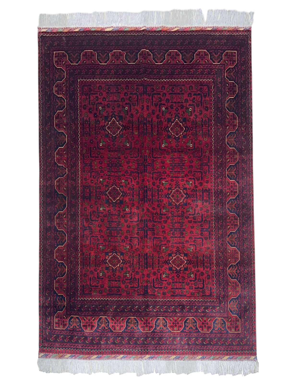 Afghan Turkmen Rug 5x7, Burgundy, Red & Navy, Hand-Knotted Wool