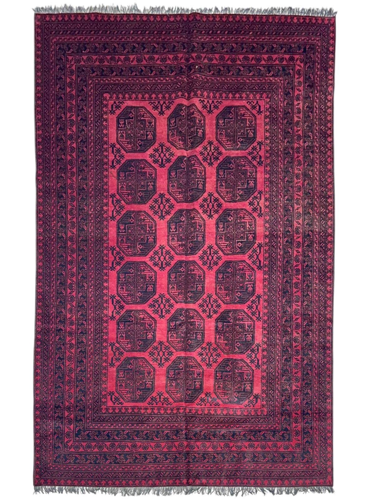 Afghan Bukhara Rug 6'6" x 9'4", Hand-Knotted Wool, Red & Black