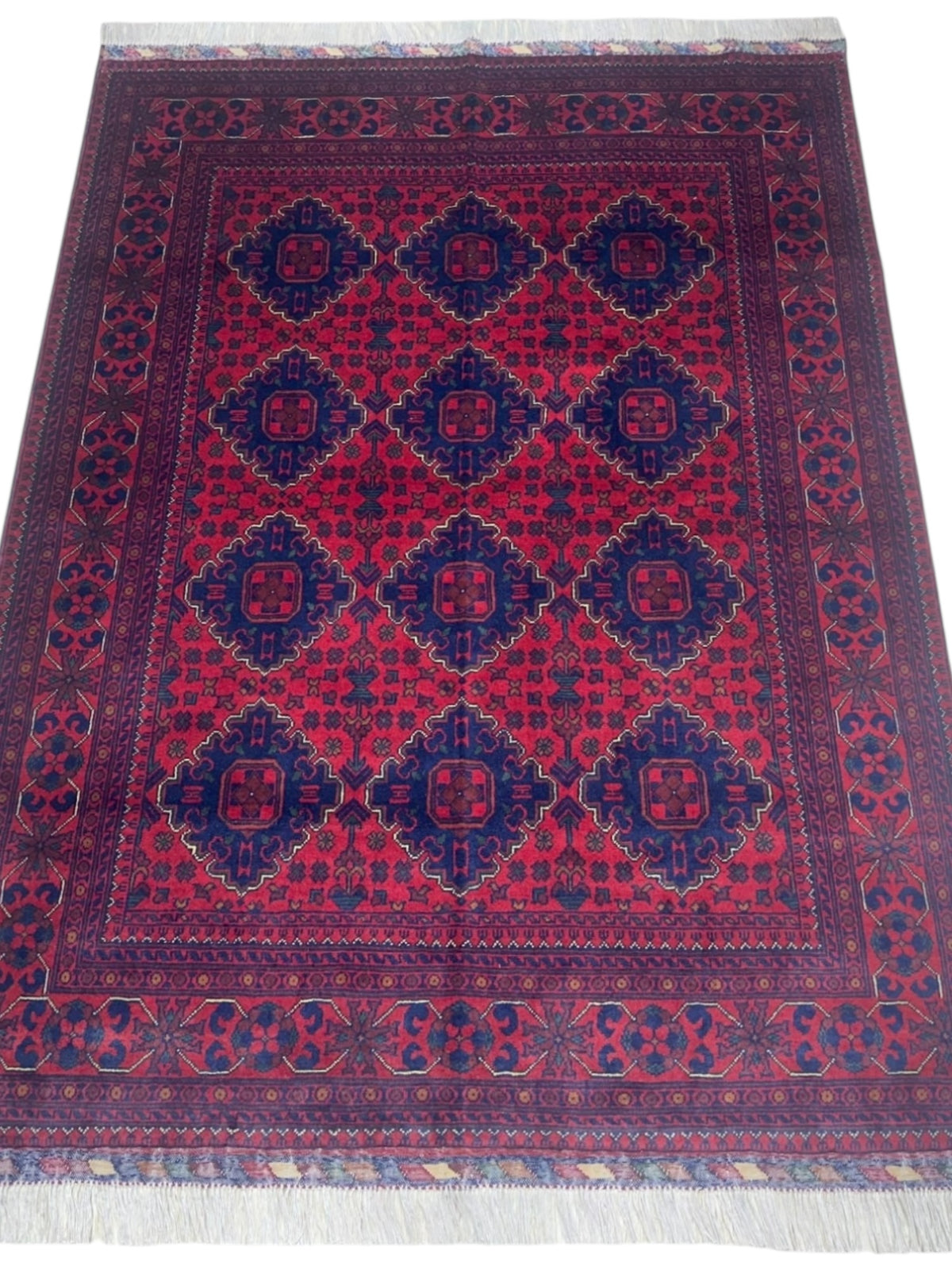 Afghan Khamyab Rug 4'11" x 6'6", Hand-Knotted Wool, Red & Blue, view 2