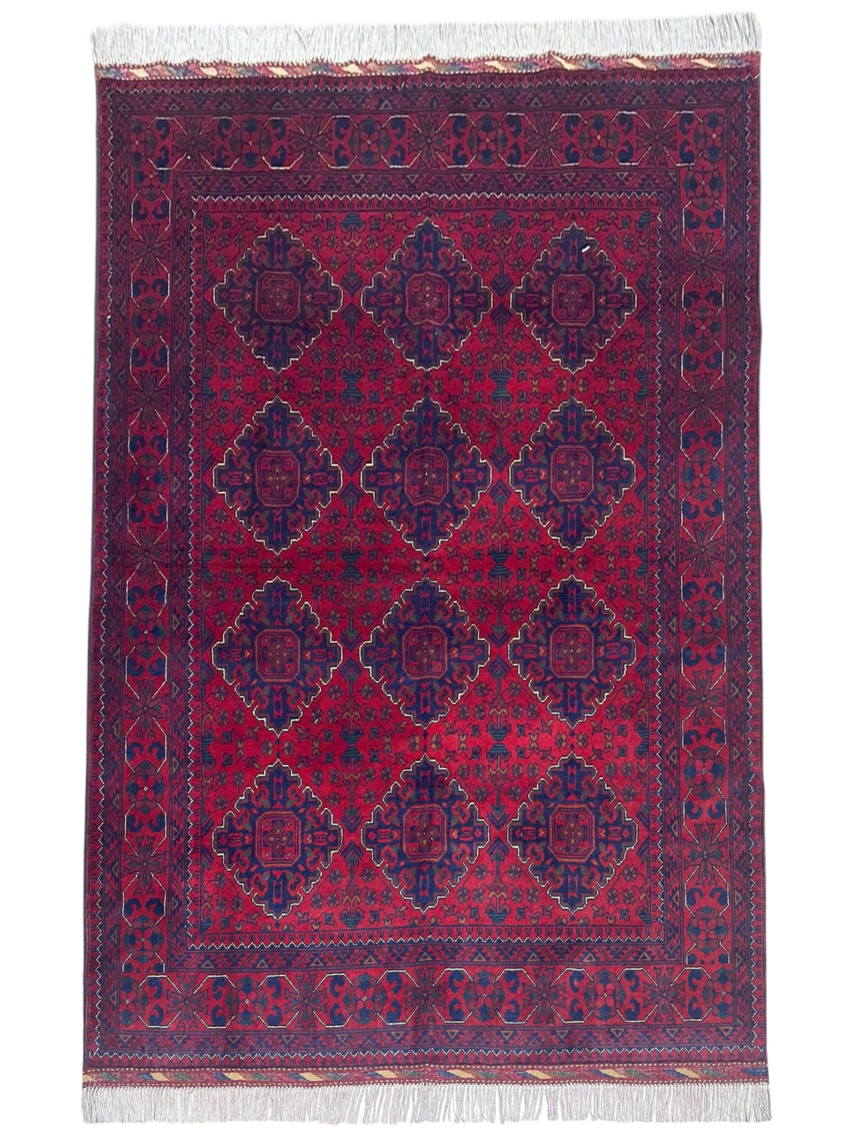 Afghan Khamyab Rug 4'9" x 6'3", Hand-Knotted Wool, Red & Blue