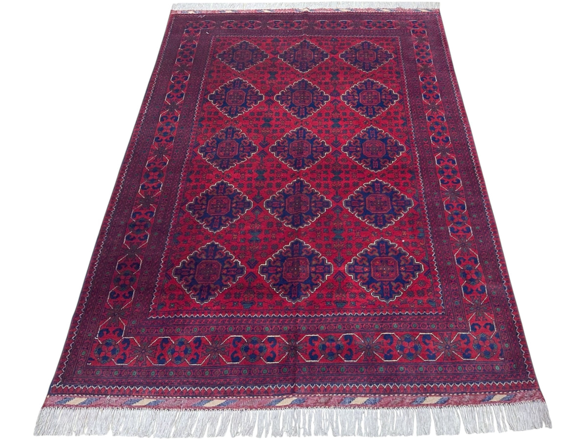 Afghan Khamyab Rug 5'1" x 6'10", Hand-Knotted Wool, Red & Blue, view 2