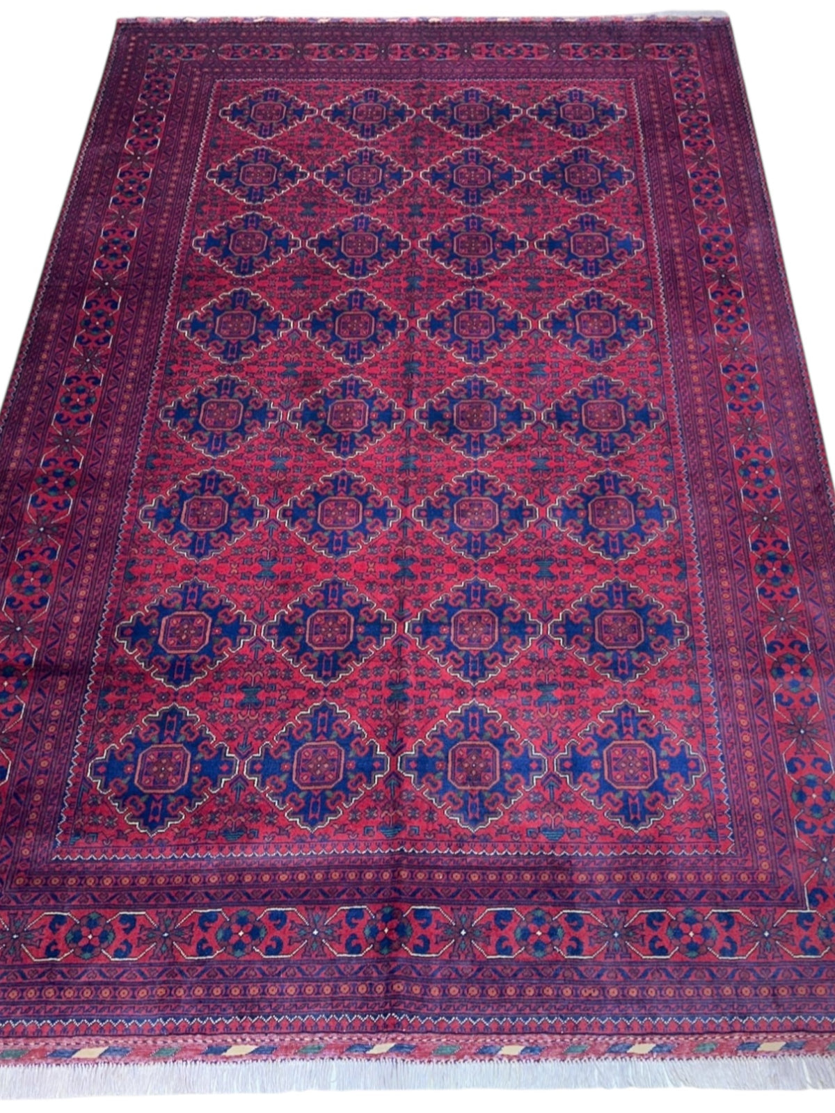 Afghan Khamyab Rug 6'7" x 9'10", Hand-Knotted Wool, Red & Blue, view 2