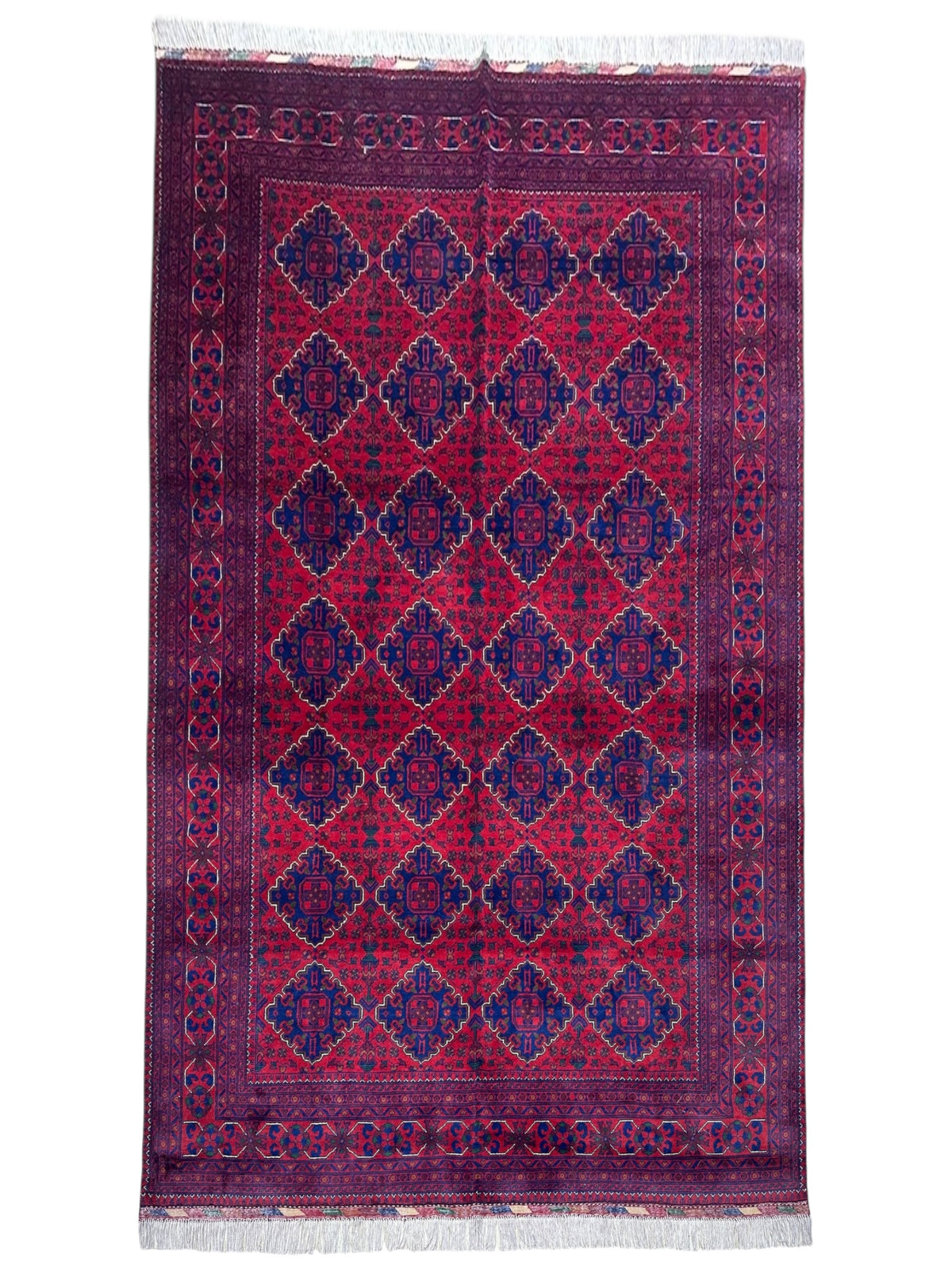 Afghan Khamyab Rug 6'6" x 9'9", Hand-Knotted Wool, Red & Blue