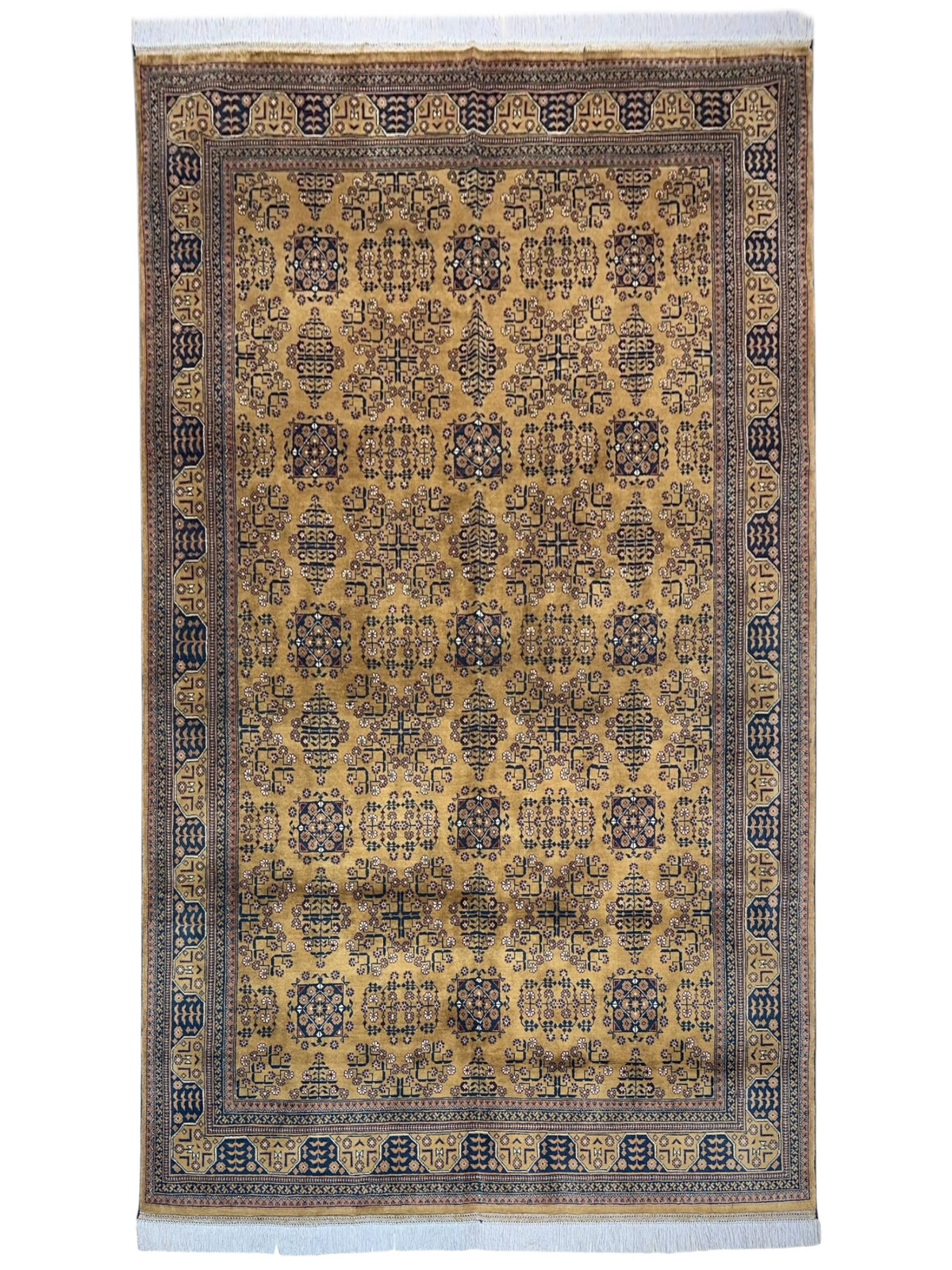 Afghan Bukhara Rug 6'6" x 9'8", Hand-Knotted Wool, Gold & Blue