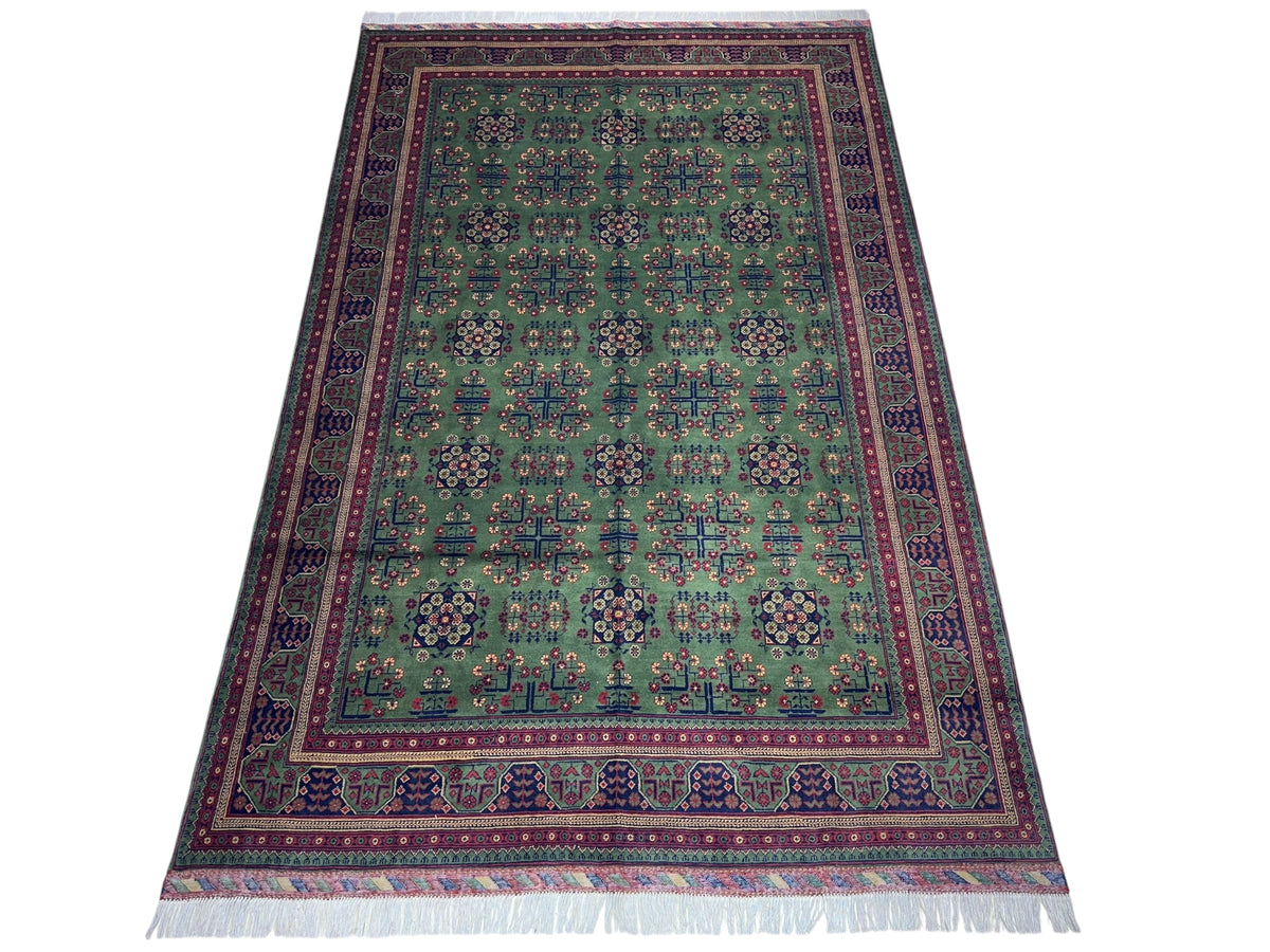 Afghan Turkmen Rug 7x11, Green, Burgundy & Navy, Hand-Knotted Wool, view 2