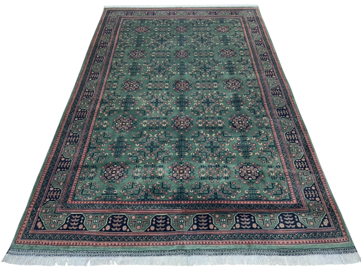 Afghan Turkmen Rug 7x10, Green, Navy & Rust, Hand-Knotted Wool, view 2
