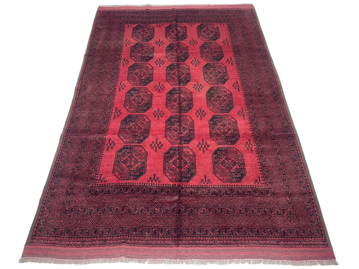 Afghan Bukhara Rug 6'9" x 9'8", Hand-Knotted Wool, Red & Black, view 2