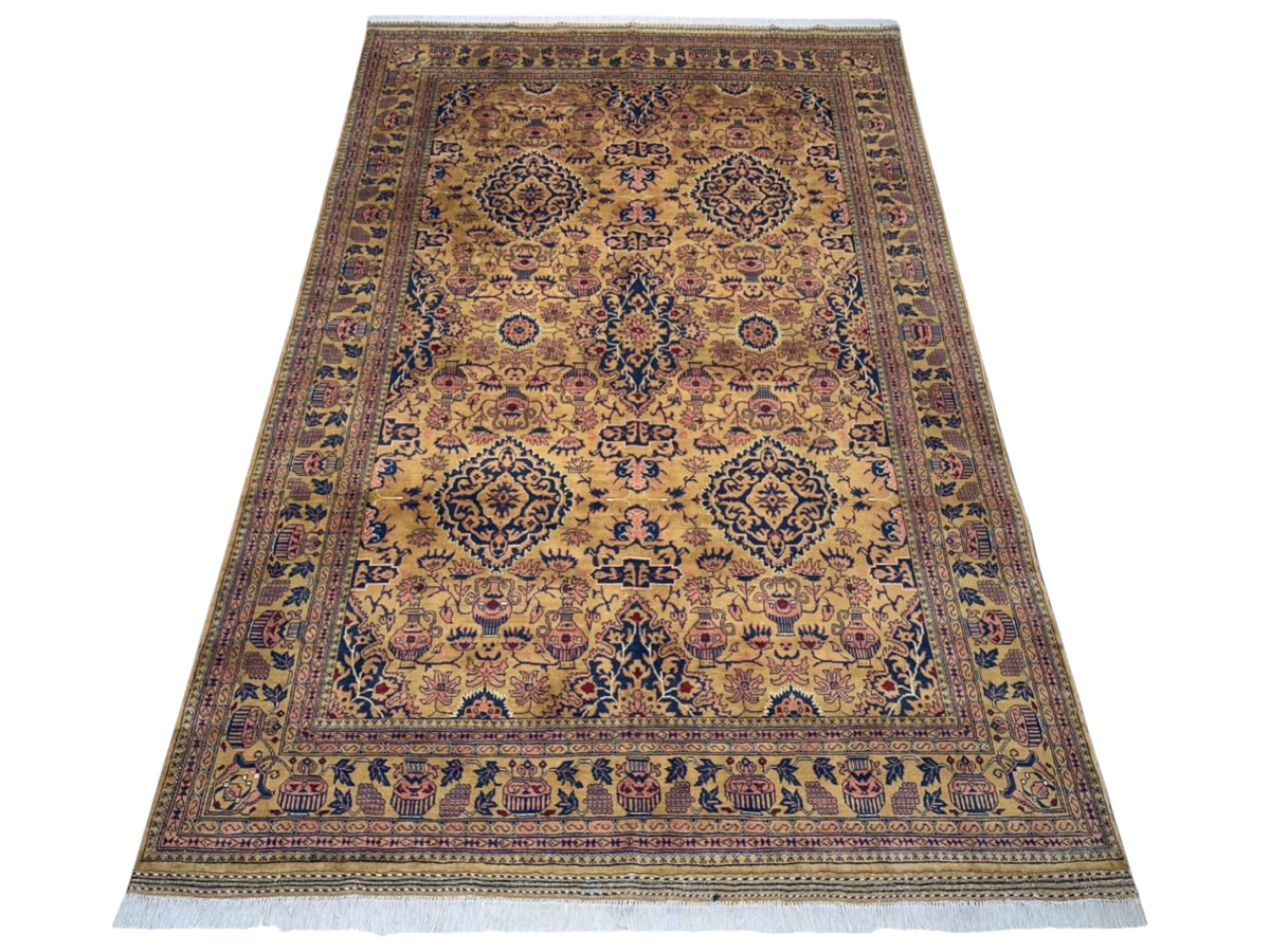Afghan Rug 7x10, Gold, Navy & Pink, Hand-Knotted Wool, view 2