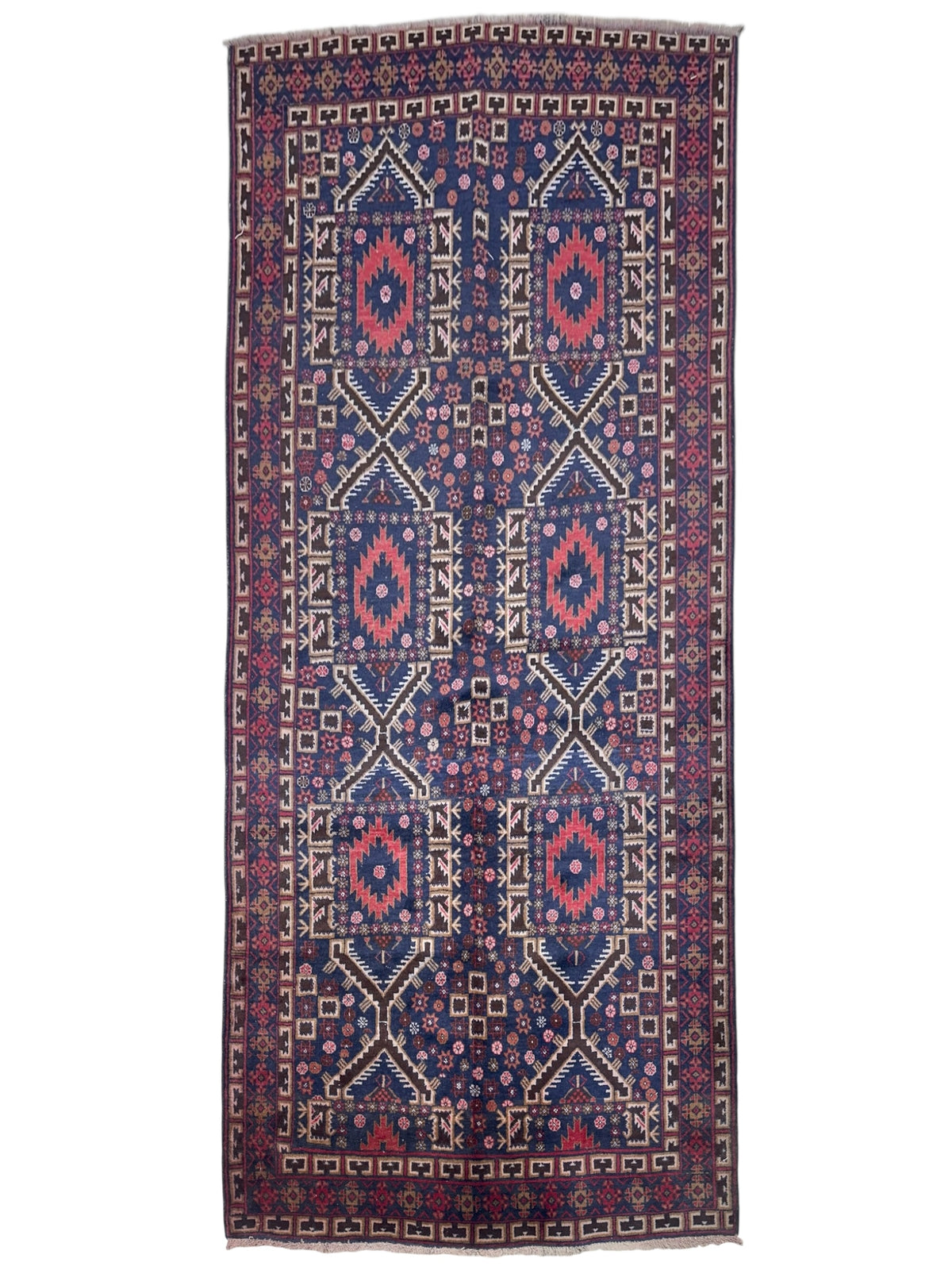 Afghan Patnos Rug 4'9" x 9'8", Hand-Knotted Wool, Red, Blue & Cream