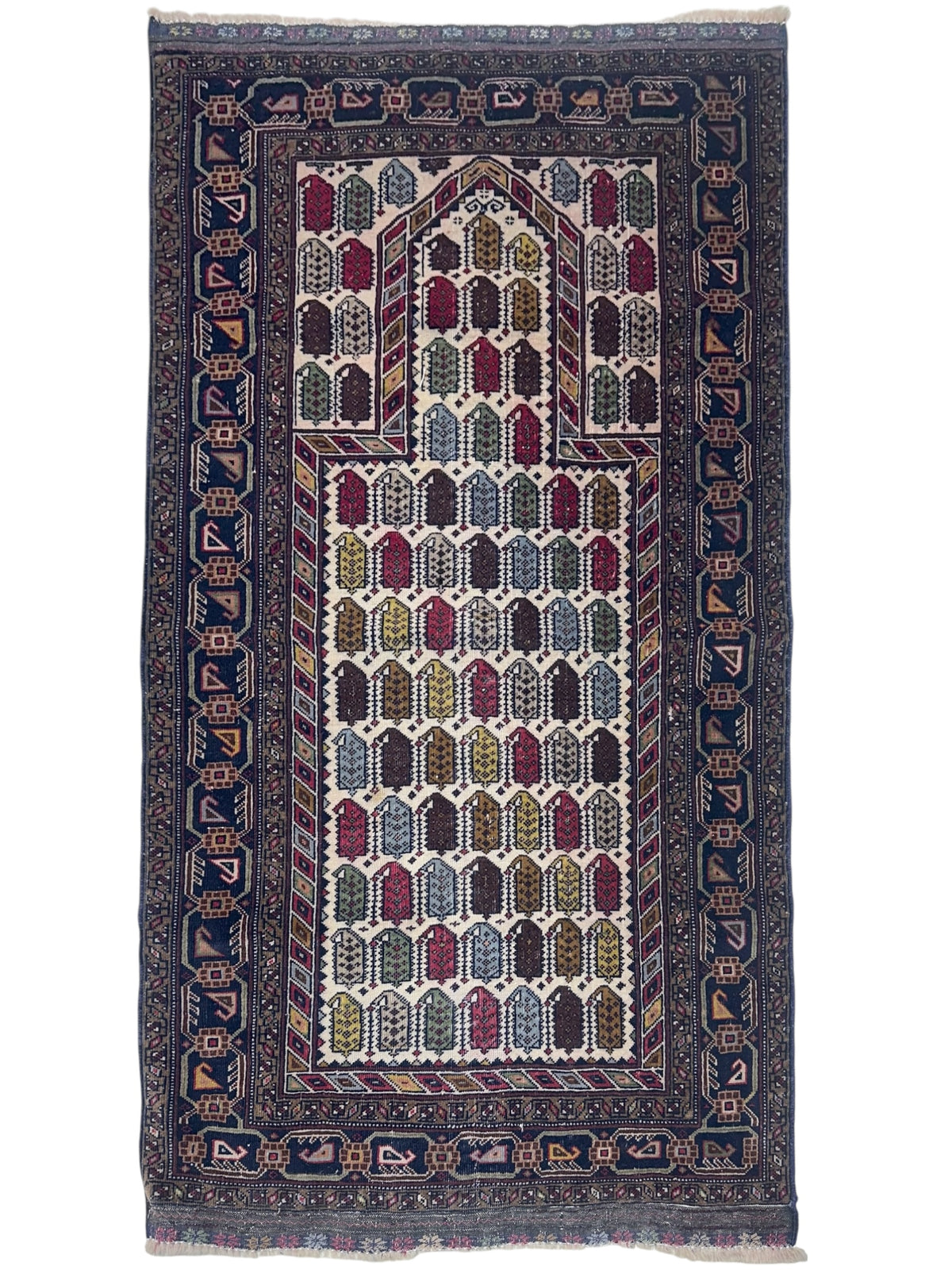 Afghan Prayer Rug 3x5, Navy, Ivory & Burgundy, Hand-Knotted Wool