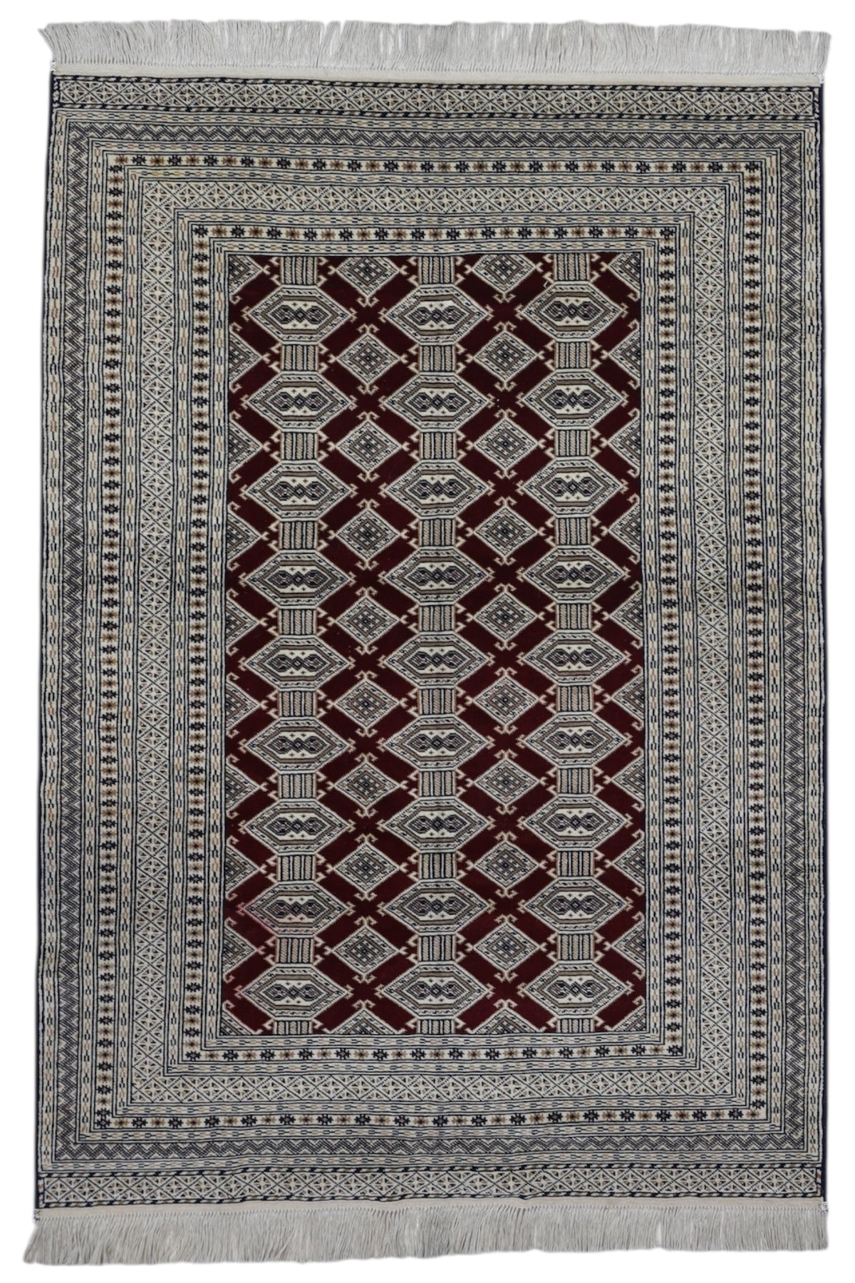 Afghan Herati Rug 4x6, Gray, Burgundy & Ivory, Hand-Knotted Wool