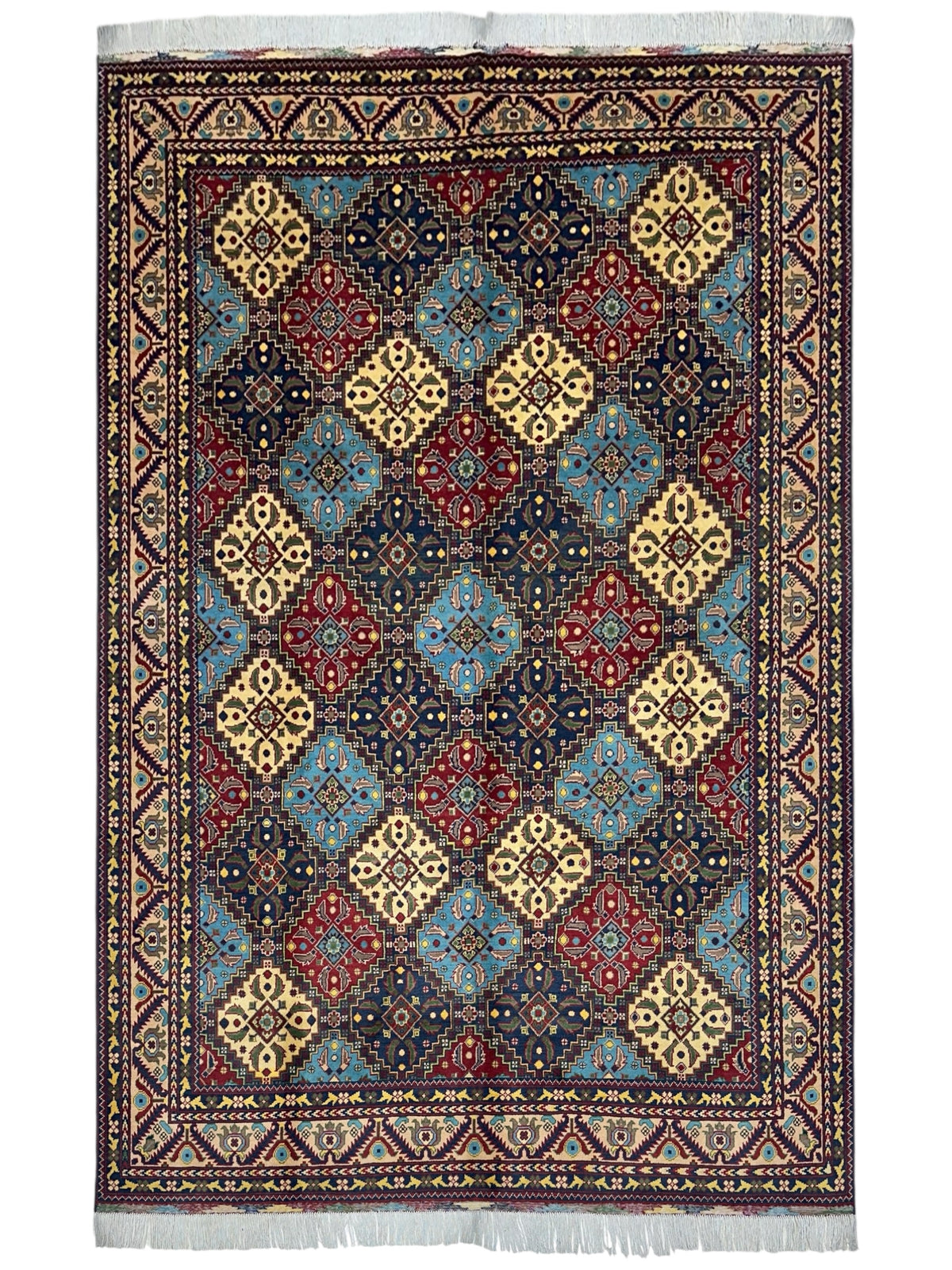 Afghan Rug 7x10, Navy, Light Blue & Gold, Hand-Knotted Wool