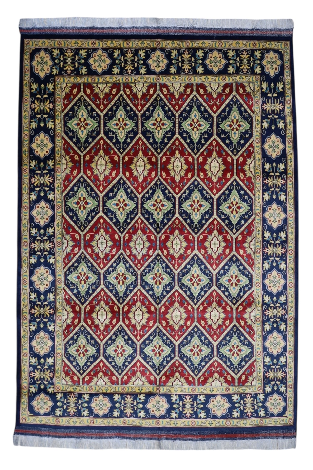 Afghan Tribal Rug 7x9, Red, Navy, Ivory & Gold, Hand-Knotted Wool