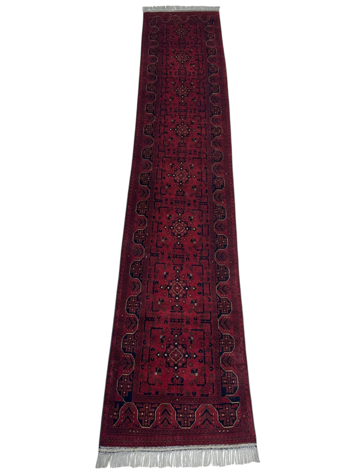 Afghan Bukhara Runner 2'6" x 12'7", Hand-Knotted Wool, Red, view 2