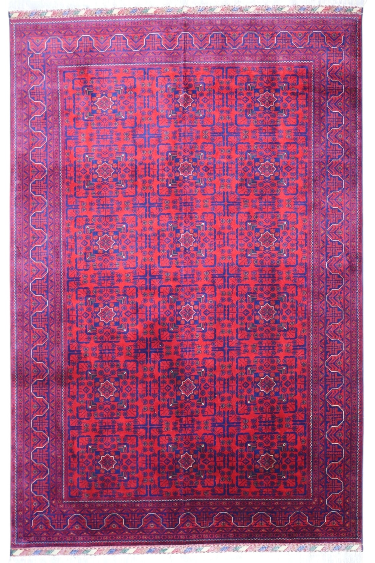 Afghan Turkmen Stars Rug 7x10, Red, Navy, Burgundy & Ivory, Hand-Knotted Wool