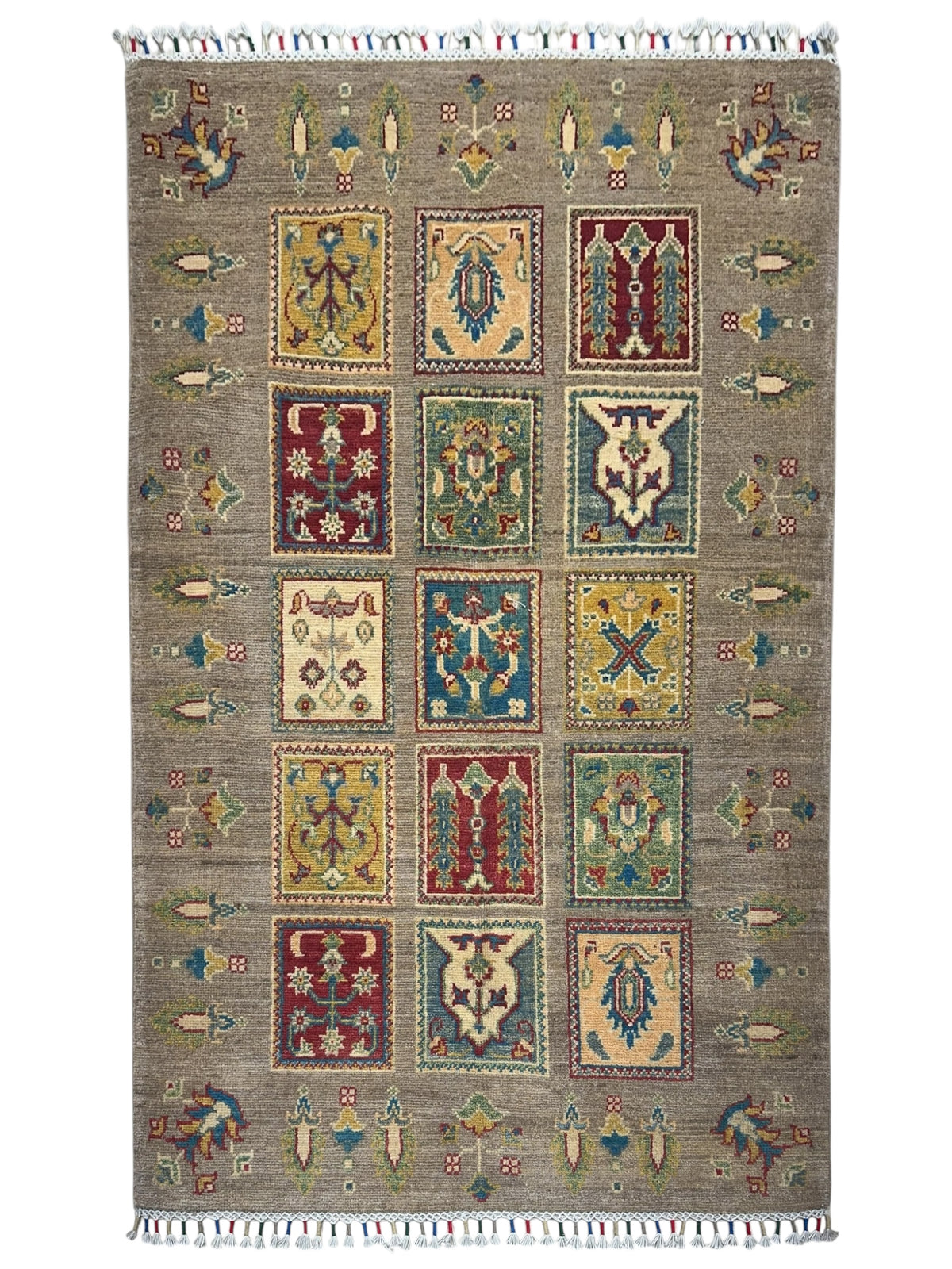 Afghan Kazak Tribal Rug 3x5, Gray, Gold & Red, Hand-Knotted Wool