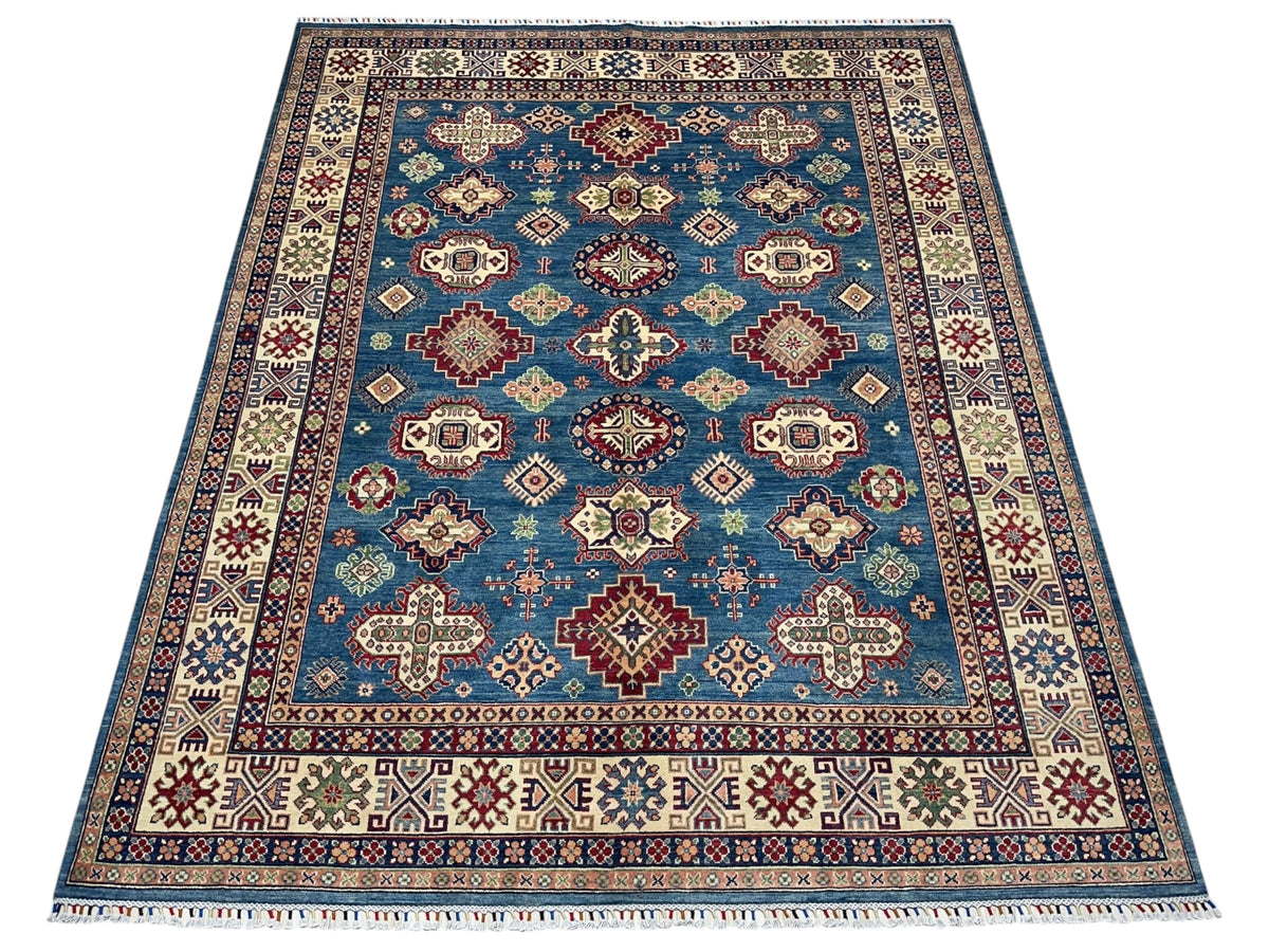 Afghan Kazak Rug 8'2" x 10', Hand-Knotted Wool, Blue & Cream, view 2