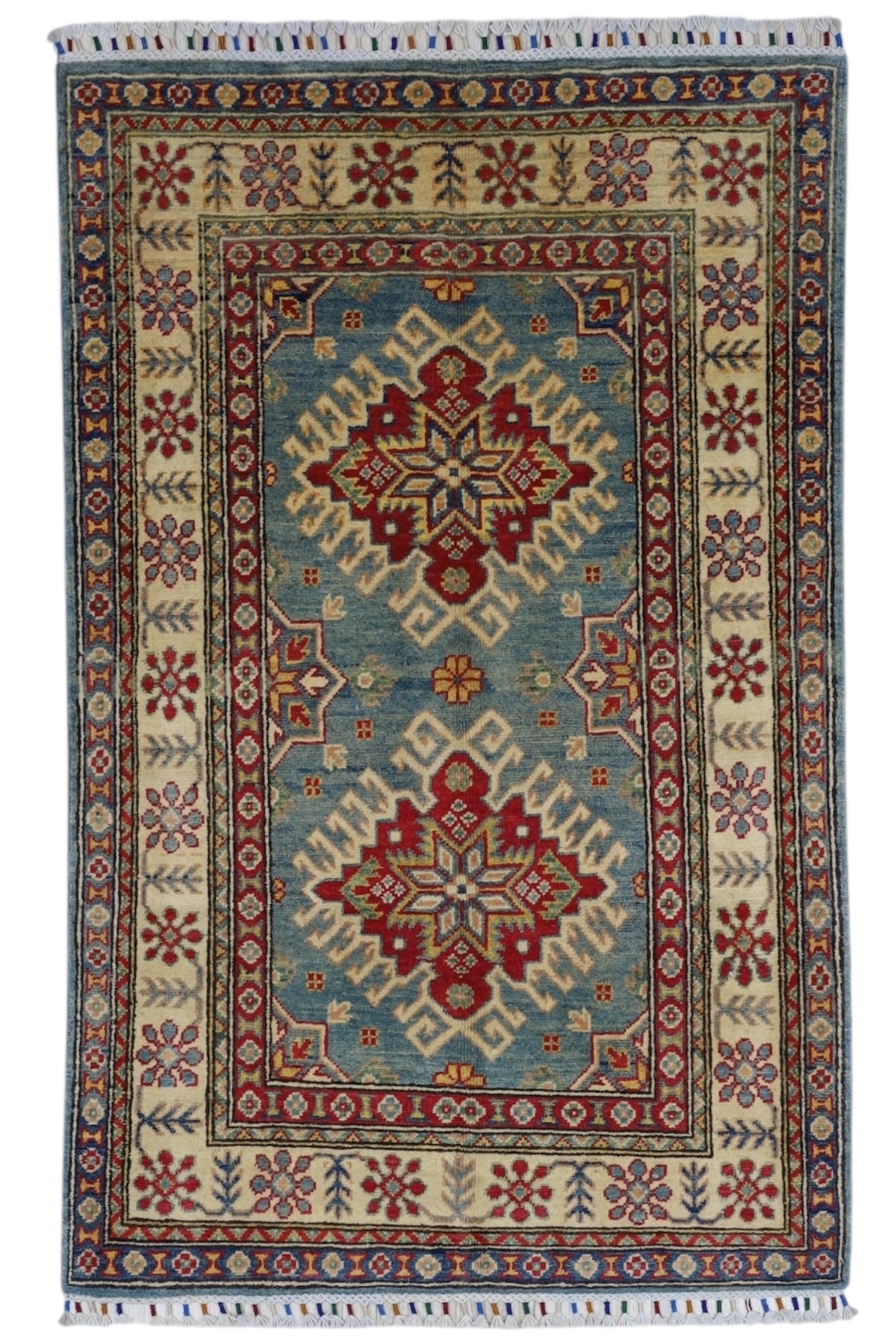Afghani Rug 4x6 size range tribal Red Blue laid flat