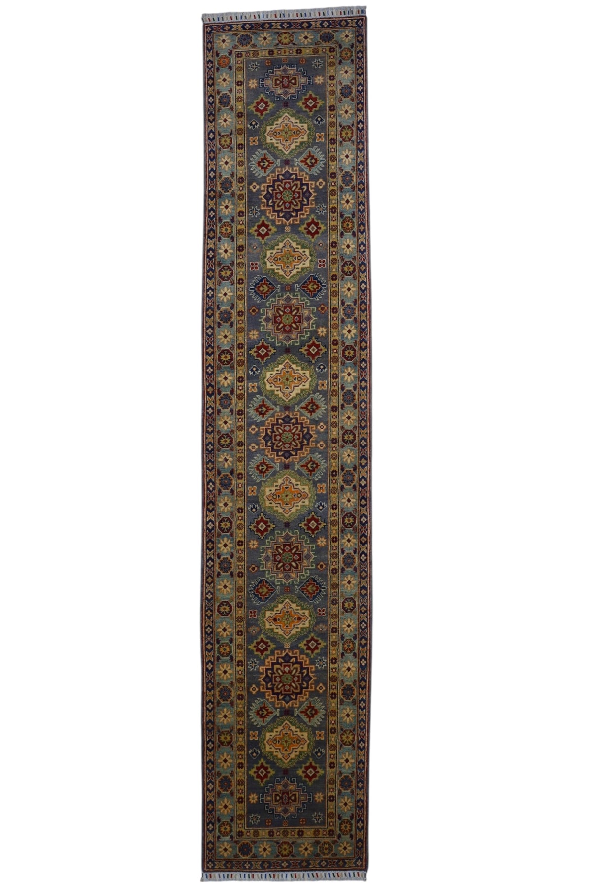 Afghan Kazak Runner 2'7" x 12'11", Hand-Knotted Wool, Gray