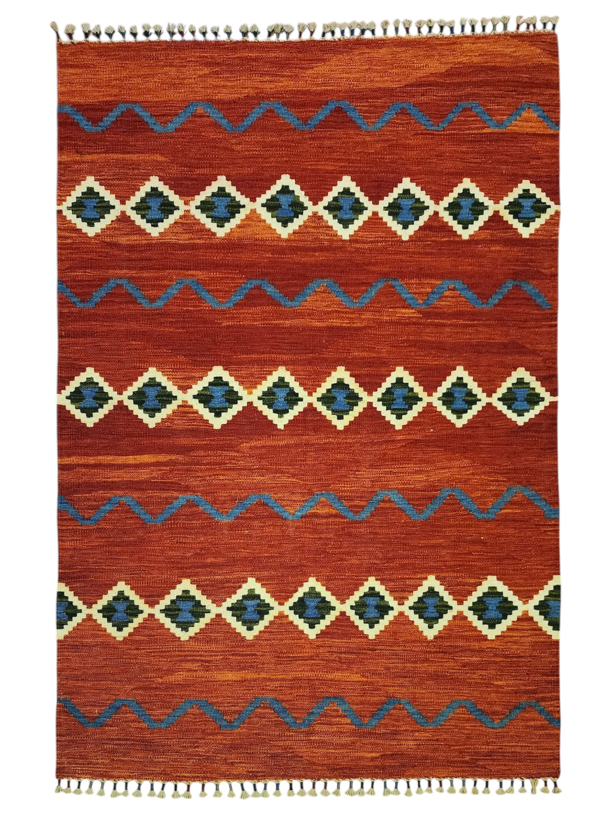 Afghan Kilim Rug 4x6, Rust, Ivory & Blue, Hand-Woven Wool Flatweave
