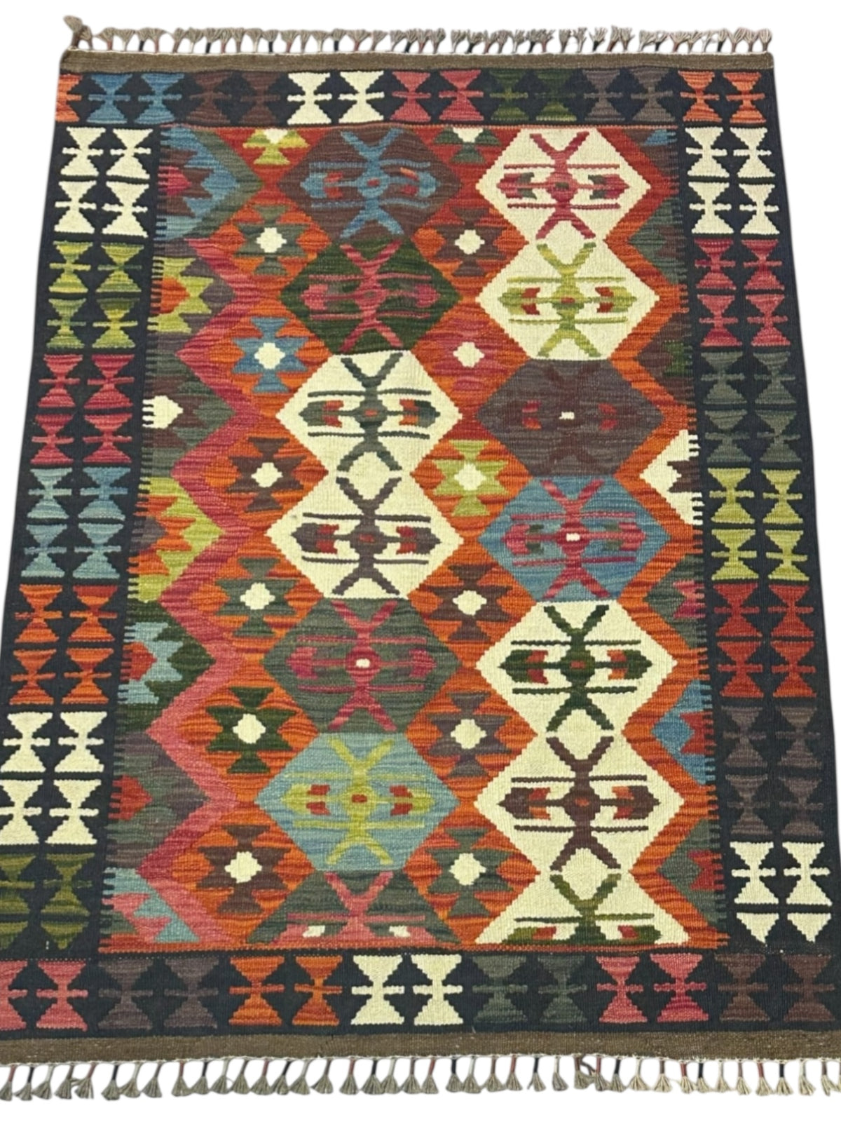 Afghan Kilim Rug 4x5, Rust, Ivory & Navy, Diamond Lattice Wool Flatweave, view 2