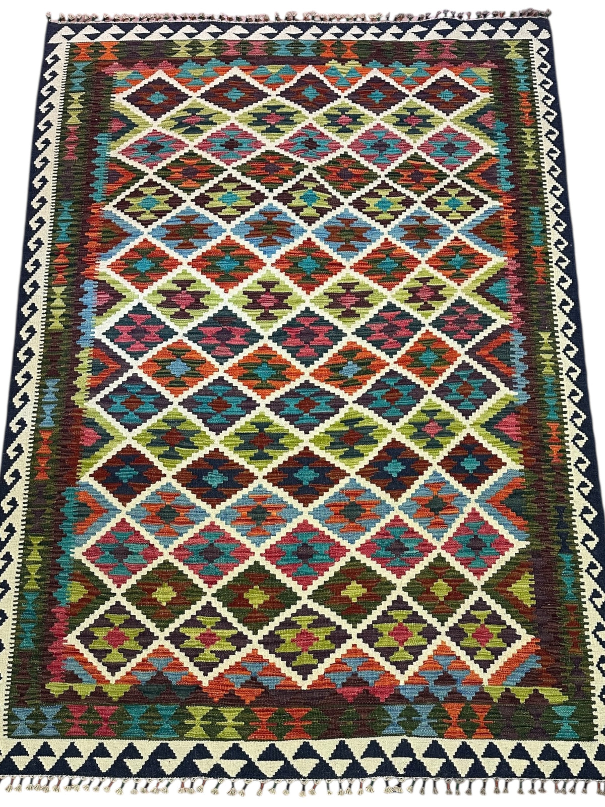 Afghan Kilim Rug 6x8, Brown, Ivory & Navy, Hand-Woven Wool Flatweave, view 2
