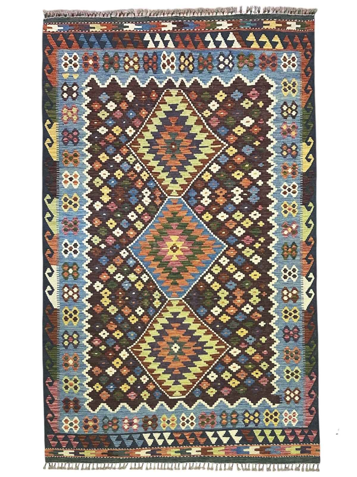 Afghan Kilim Rug 6x8, Brown, Blue & Ivory, Hand-Woven Wool Flatweave