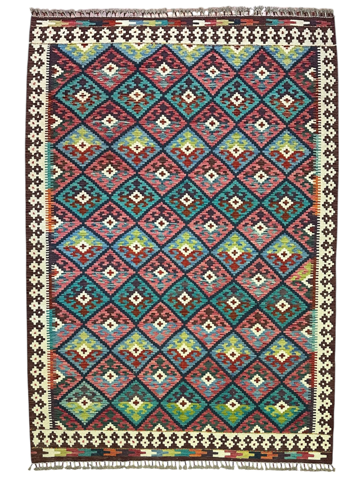 Afghan Kilim Rug 6x8, Teal, Brown & Pink, Hand-Woven Wool Flatweave