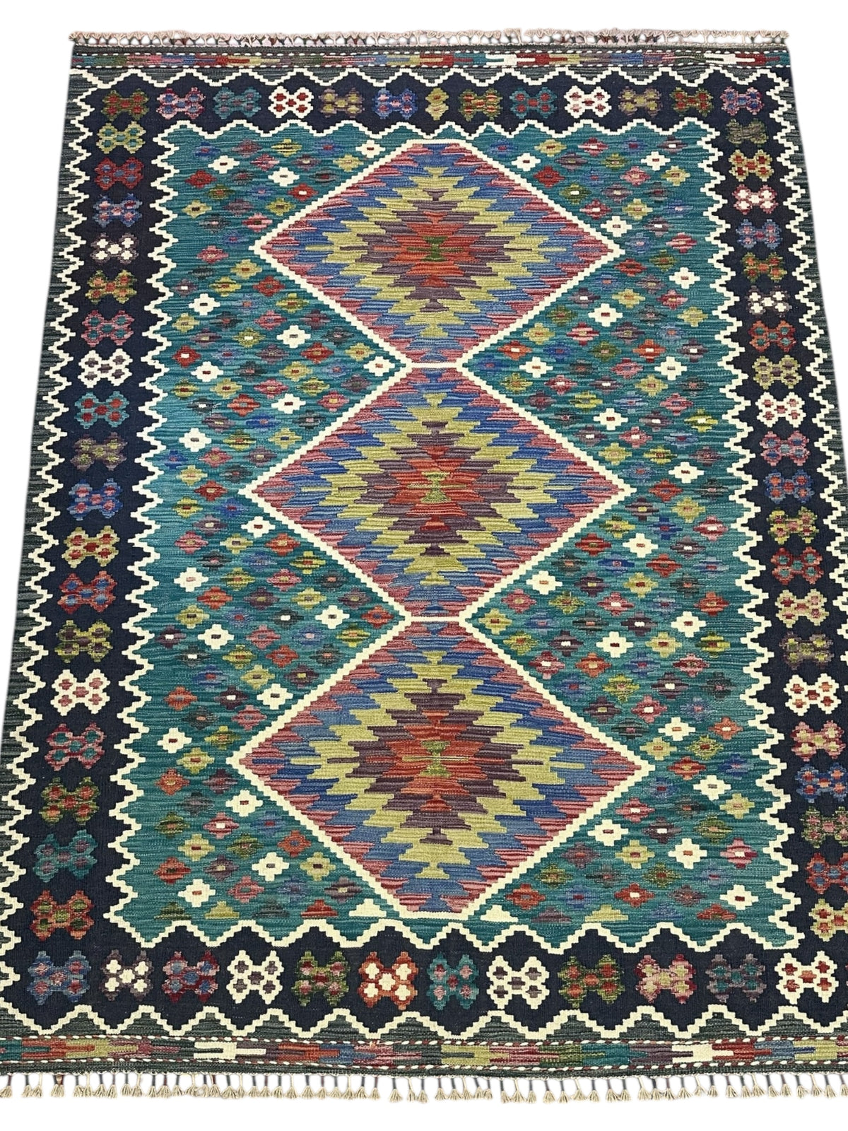 Afghan Kilim Rug 6x8, Teal, Navy & Purple, Hand-Woven Wool Flatweave, view 2