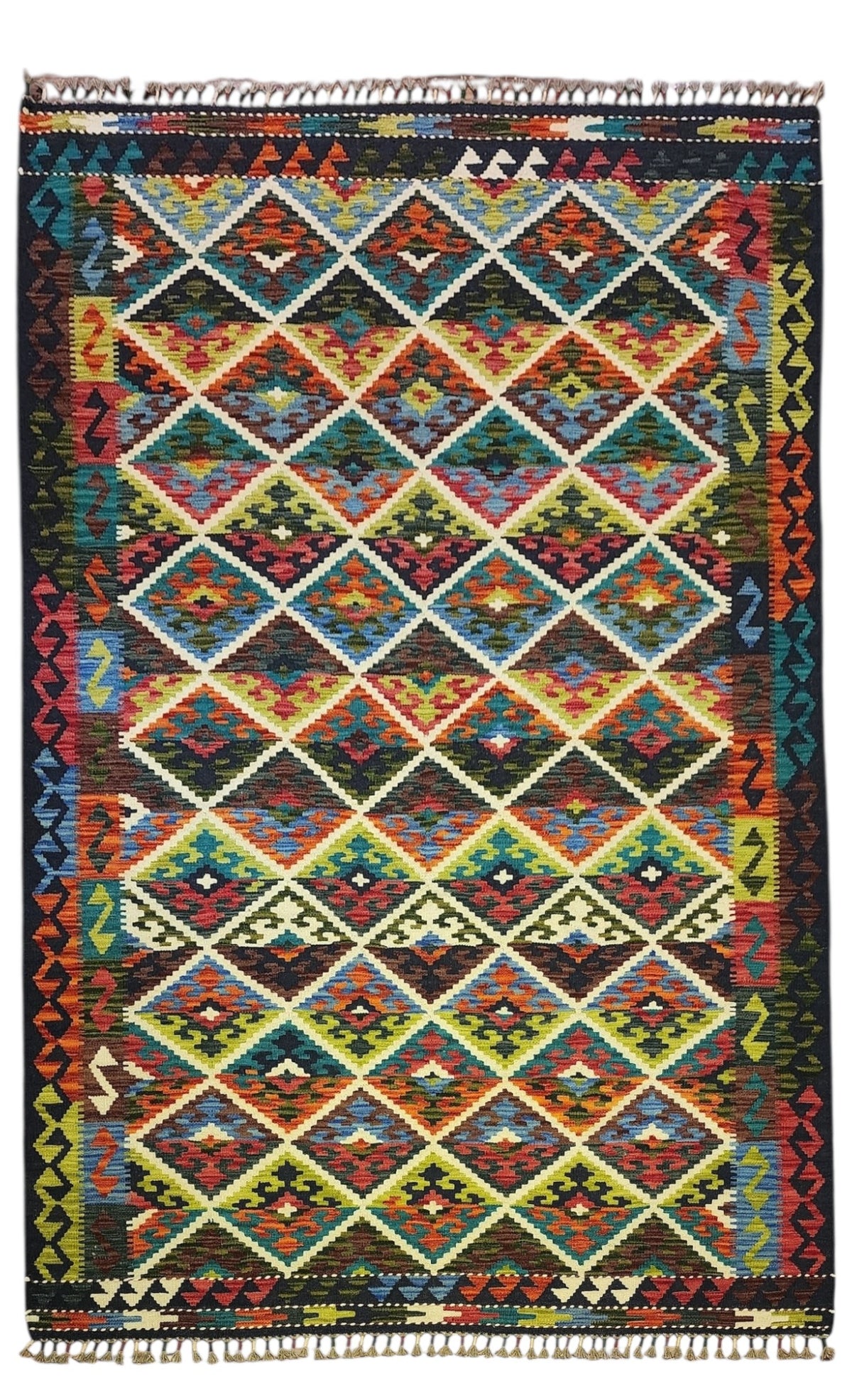 Afghan Kilim Rug 5x8, Olive Green, Rust & Teal, Hand-Woven Wool Flatweave