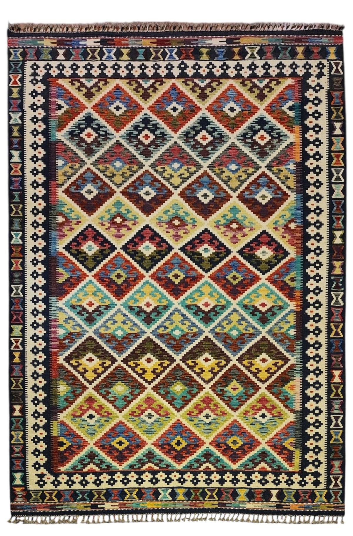 Afghan Kilim Rug 6x8, Ivory, Rust & Navy, Hand-Woven Wool Flatweave