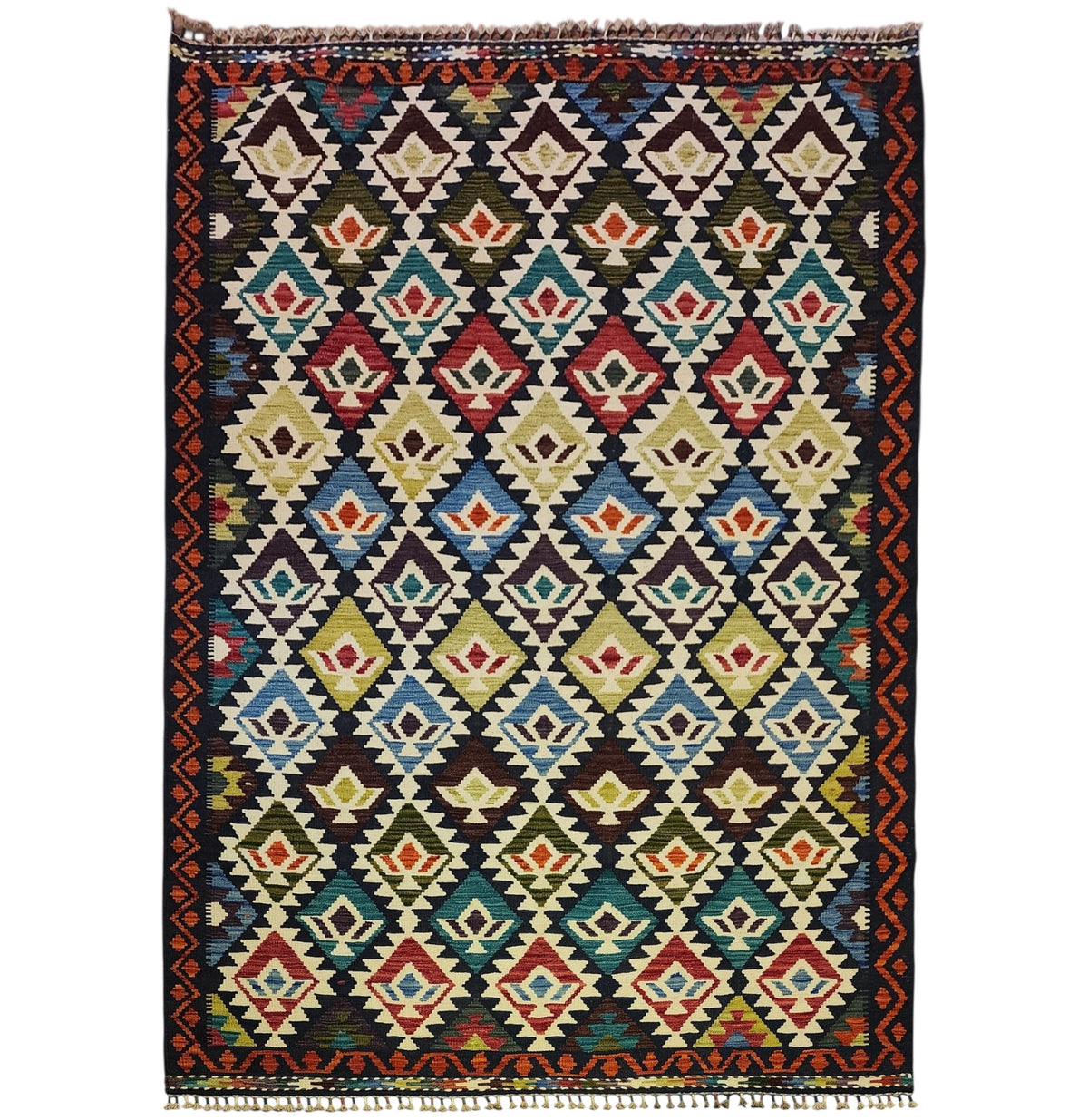 Afghan Kilim Rug 6x8, Navy, Ivory & Rust, Hand-Woven Wool Flatweave