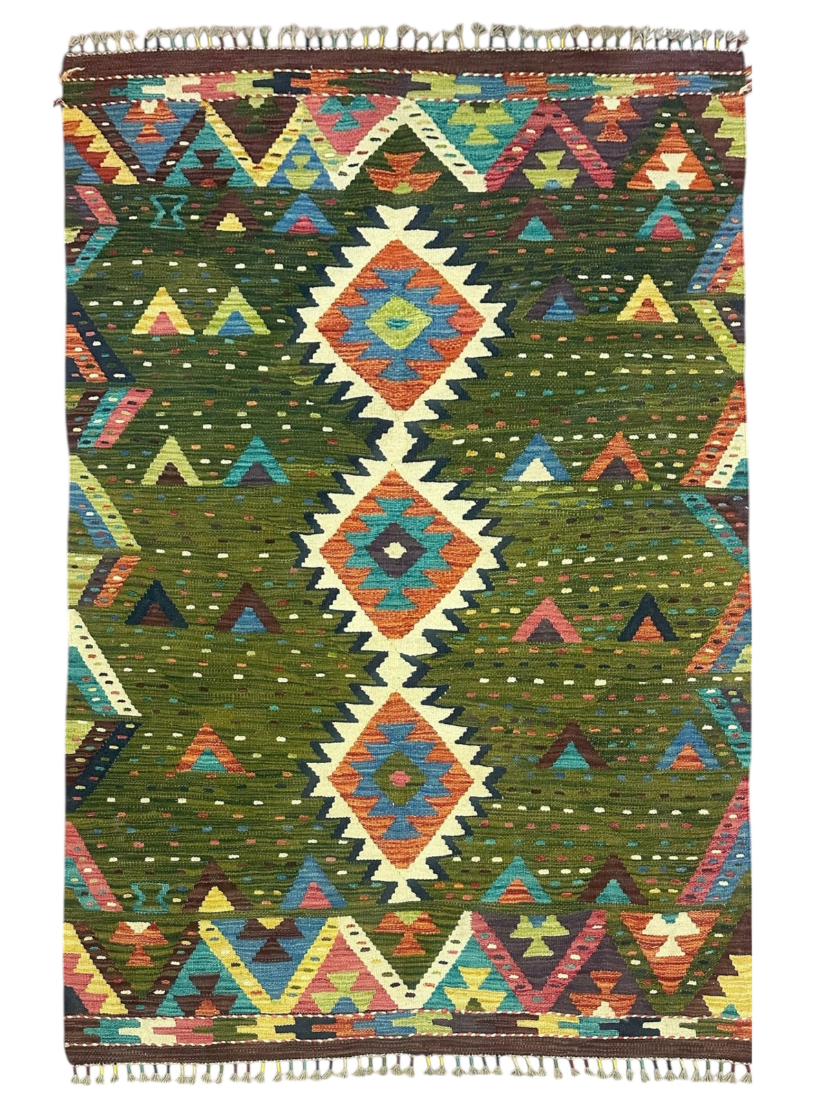 Afghan Kilim Rug 4x6, Olive Green, Ivory & Rust, Hand-Woven Wool Flatweave