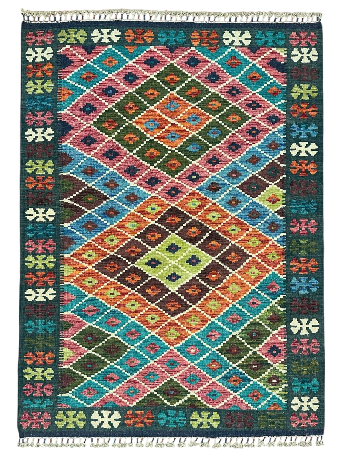 Afghan Kilim Rug 4x6, Teal, Pink & Brown, Hand-Woven Wool Flatweave