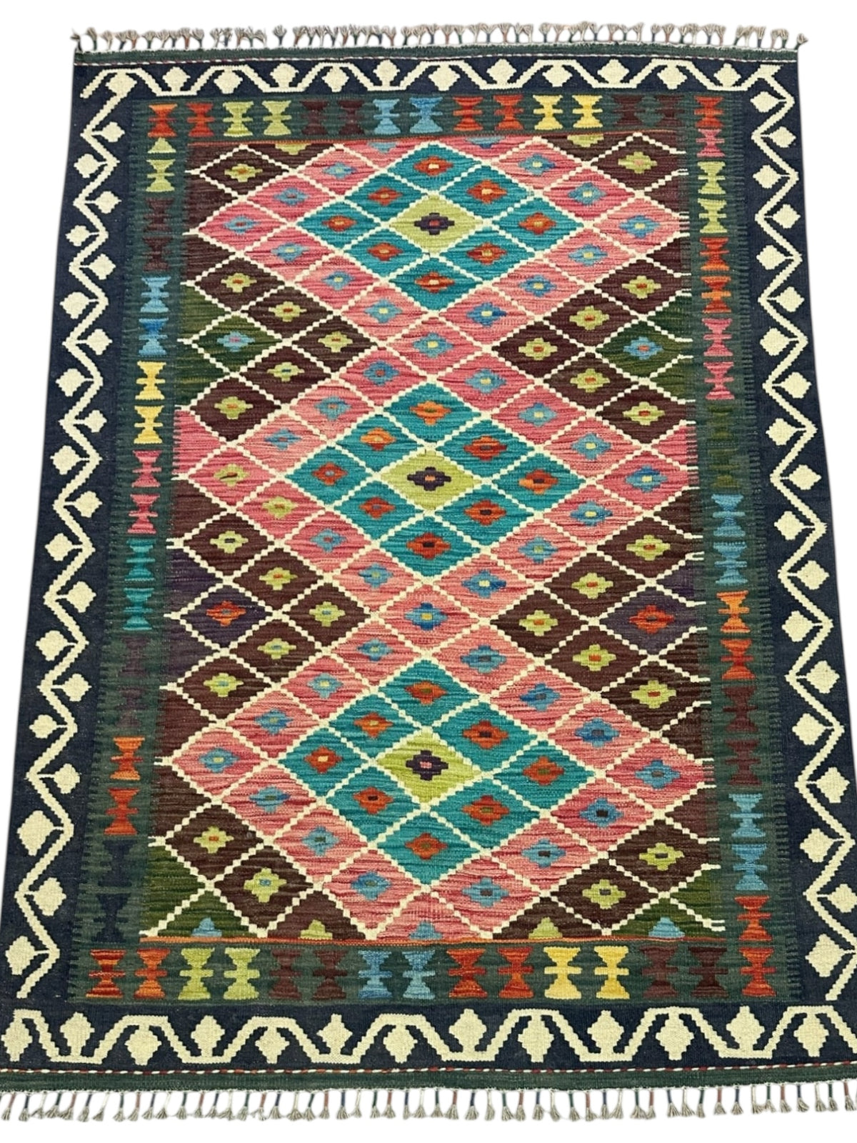 Afghan Kilim Rug 4x6, Pink, Brown & Navy, Hand-Woven Wool Flatweave, view 2
