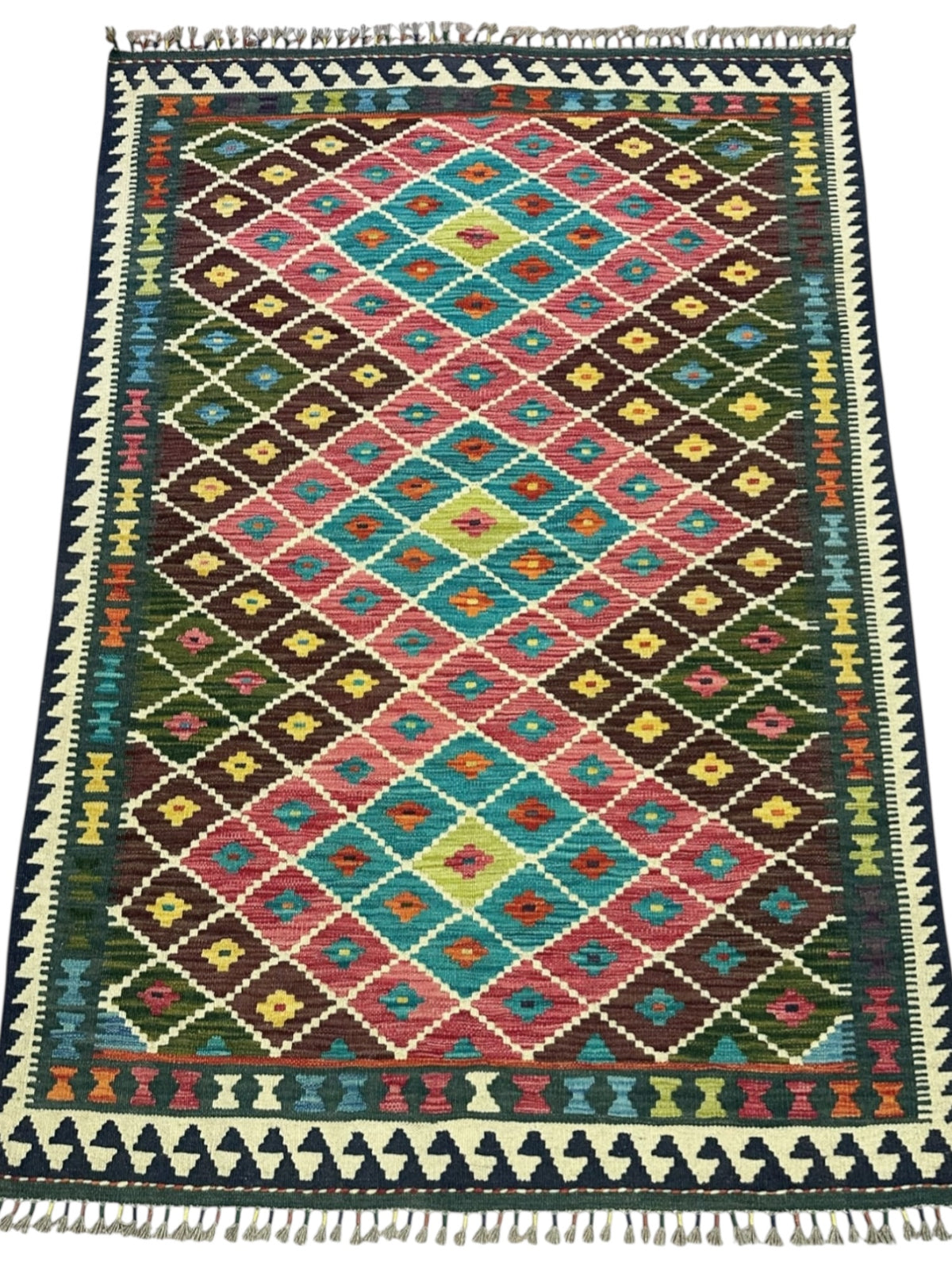 Afghan Kilim Rug 4x6, Brown, Pink & Teal, Hand-Woven Wool Flatweave, view 2