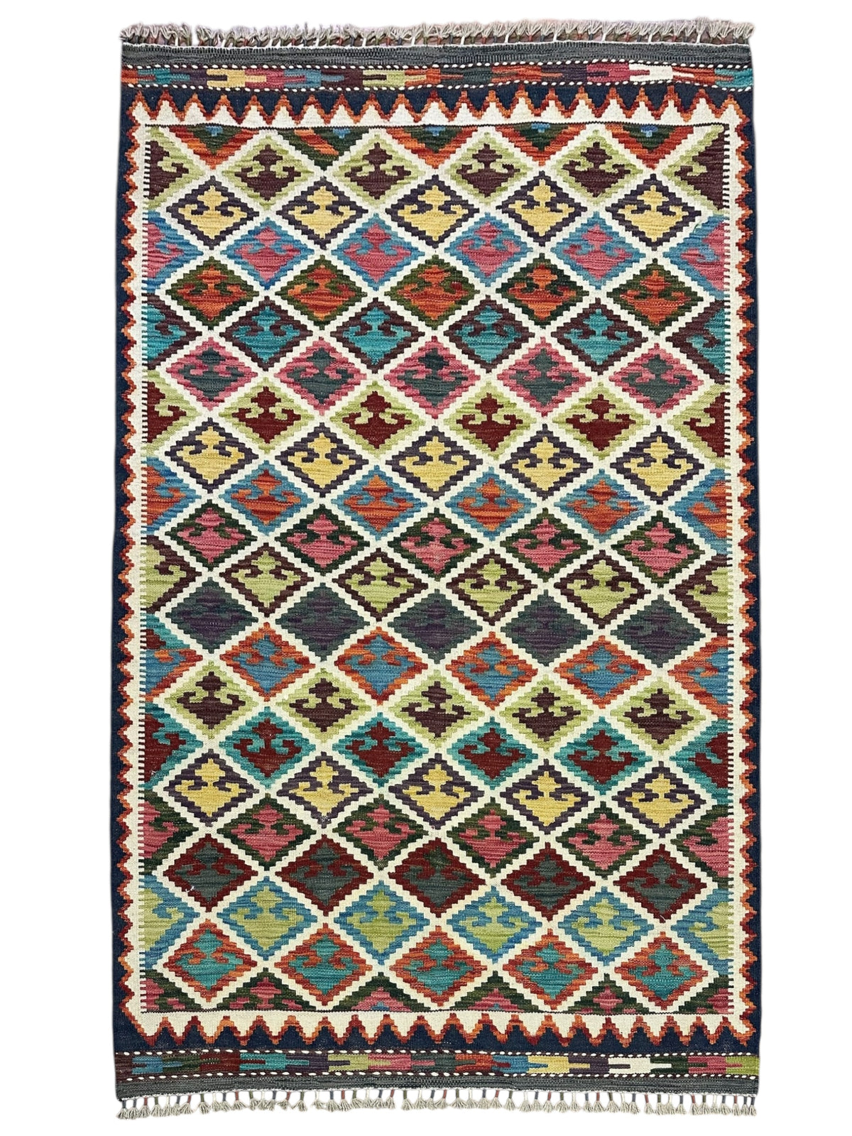 Afghan Kilim Rug 4x6, Ivory, Brown & Teal, Hand-Woven Wool Flatweave