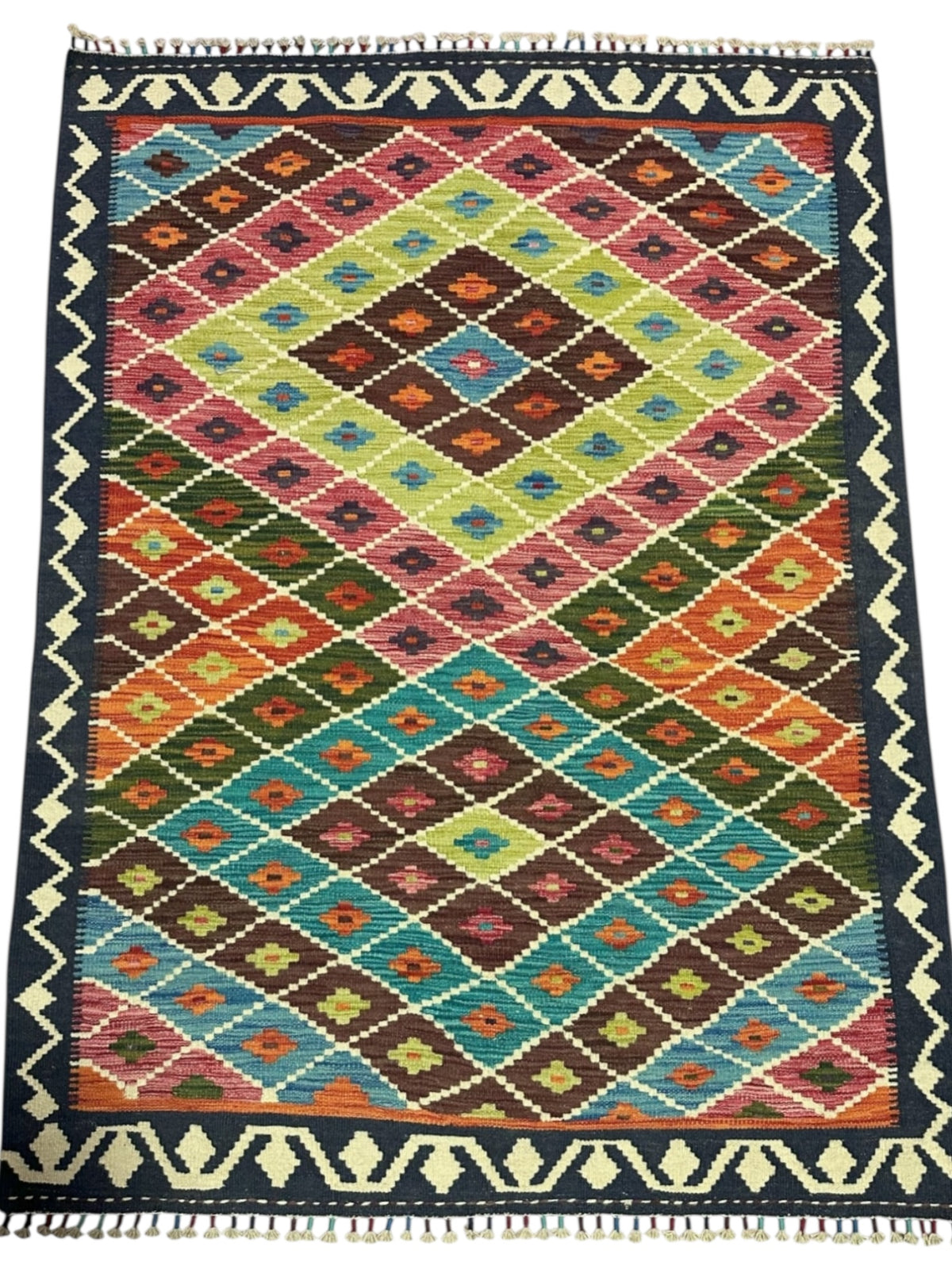 Afghan Kilim Rug 4x6, Navy, Pink & Teal, Hand-Woven Wool Flatweave, view 2