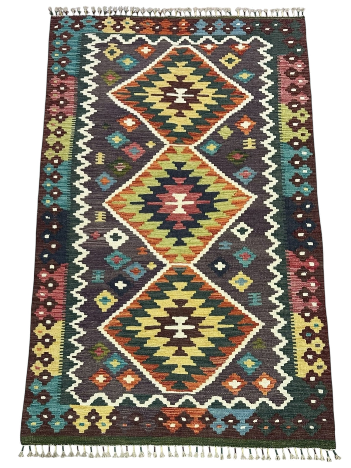 Afghan Kilim Rug 4x6, Brown, Teal & Gold, Hand-Woven Wool Flatweave, view 2