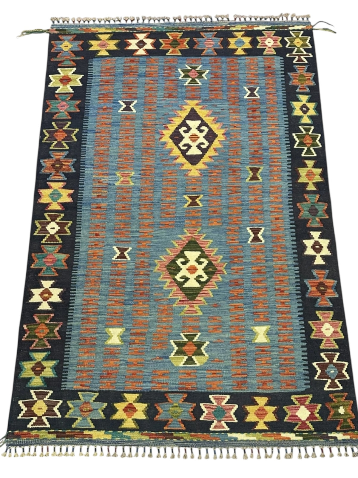Afghan Kilim Rug 4x6, Blue, Navy & Rust, Diamond Medallion Wool Flatweave, view 2