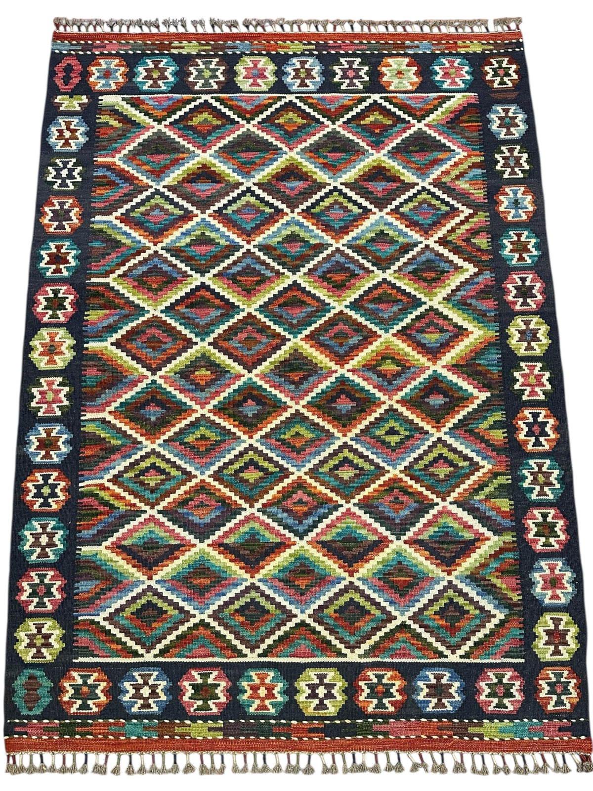 Afghan Kilim Rug 4x6, Navy, Rust & Teal, Diamond Lattice Wool Flatweave, view 2